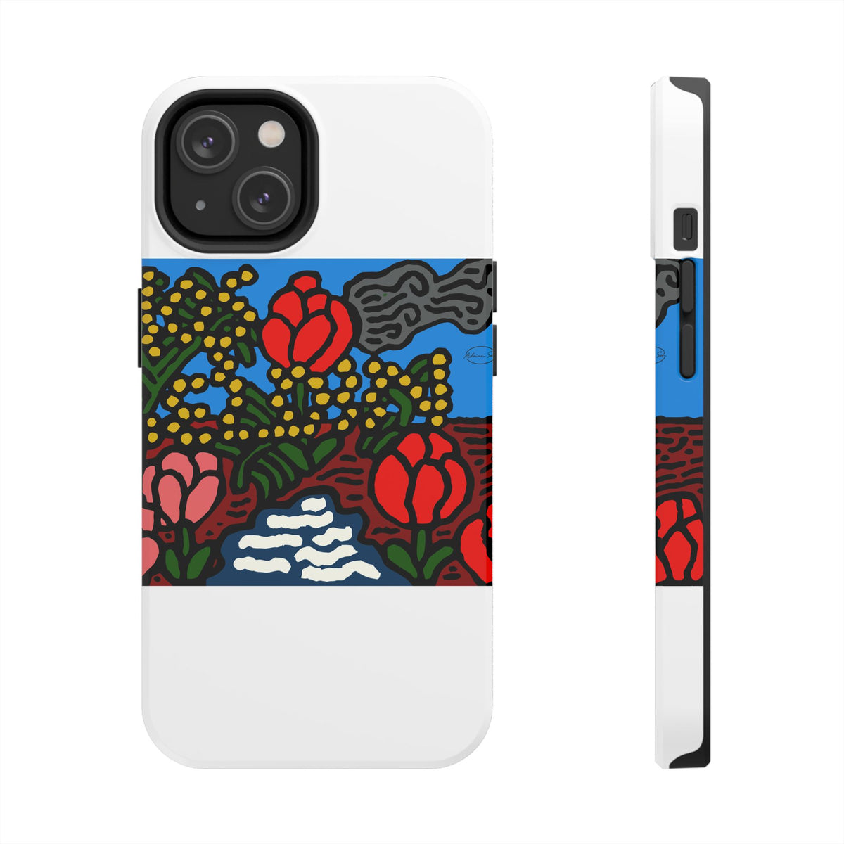 A field of tulips next to a wattle Tough Phone Case