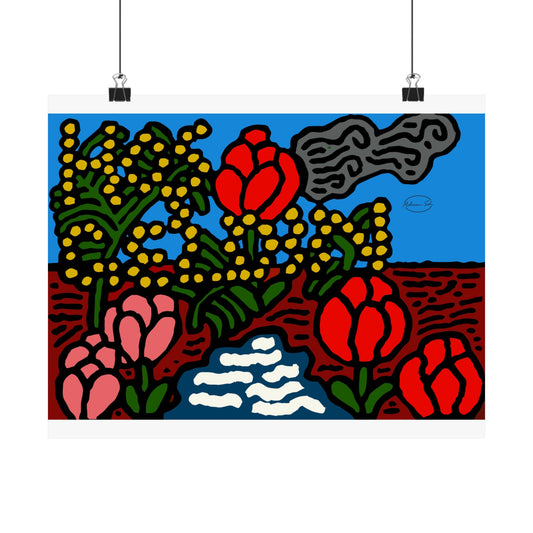 A field of tulips next to a wattle Matte Poster Horizontal (Small)