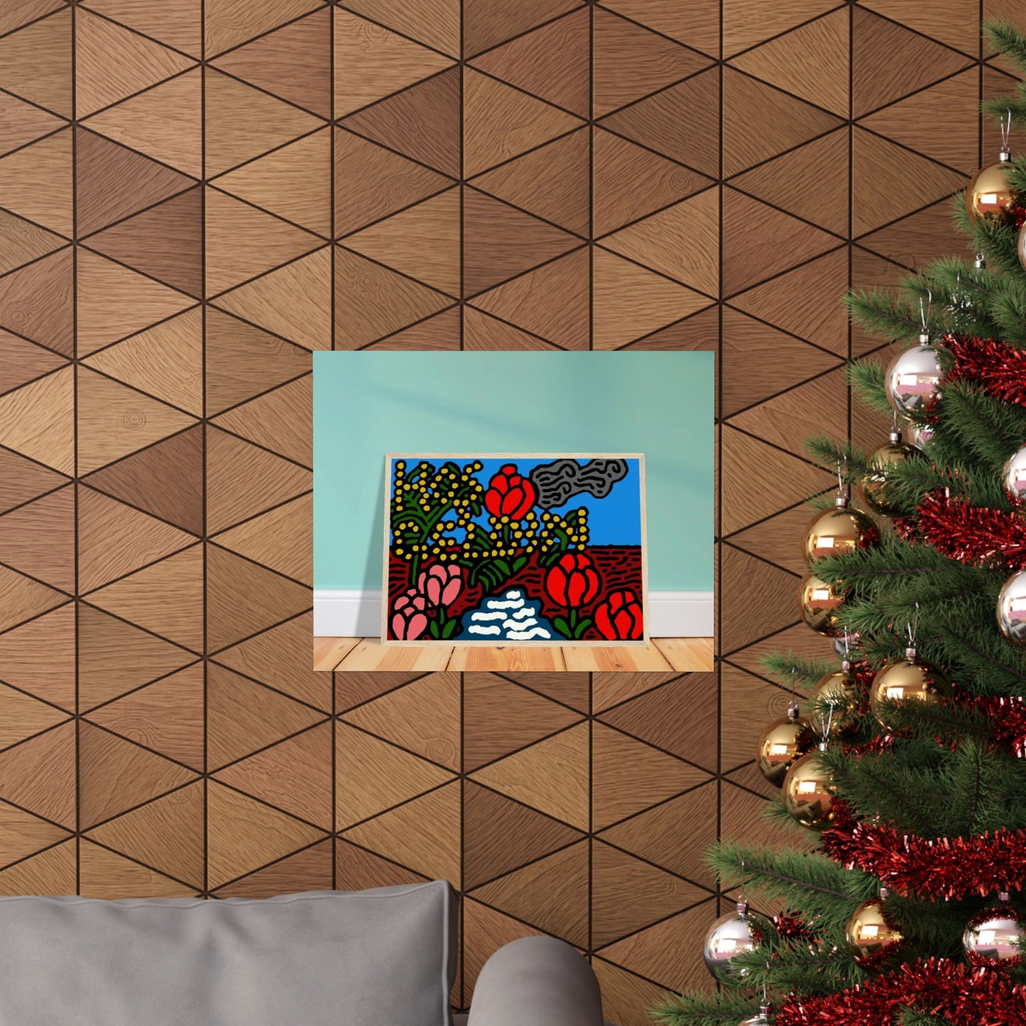 A field of tulips next to a wattle Matte Poster Horizontal (Small)