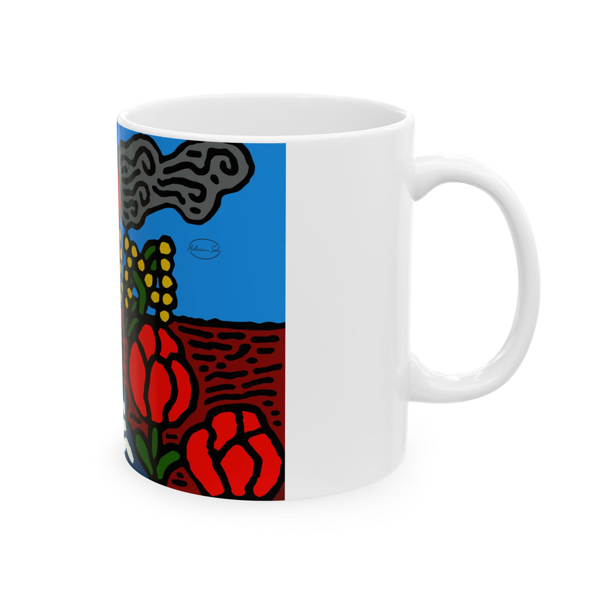 A field of tulips next to a wattle Ceramic Mug