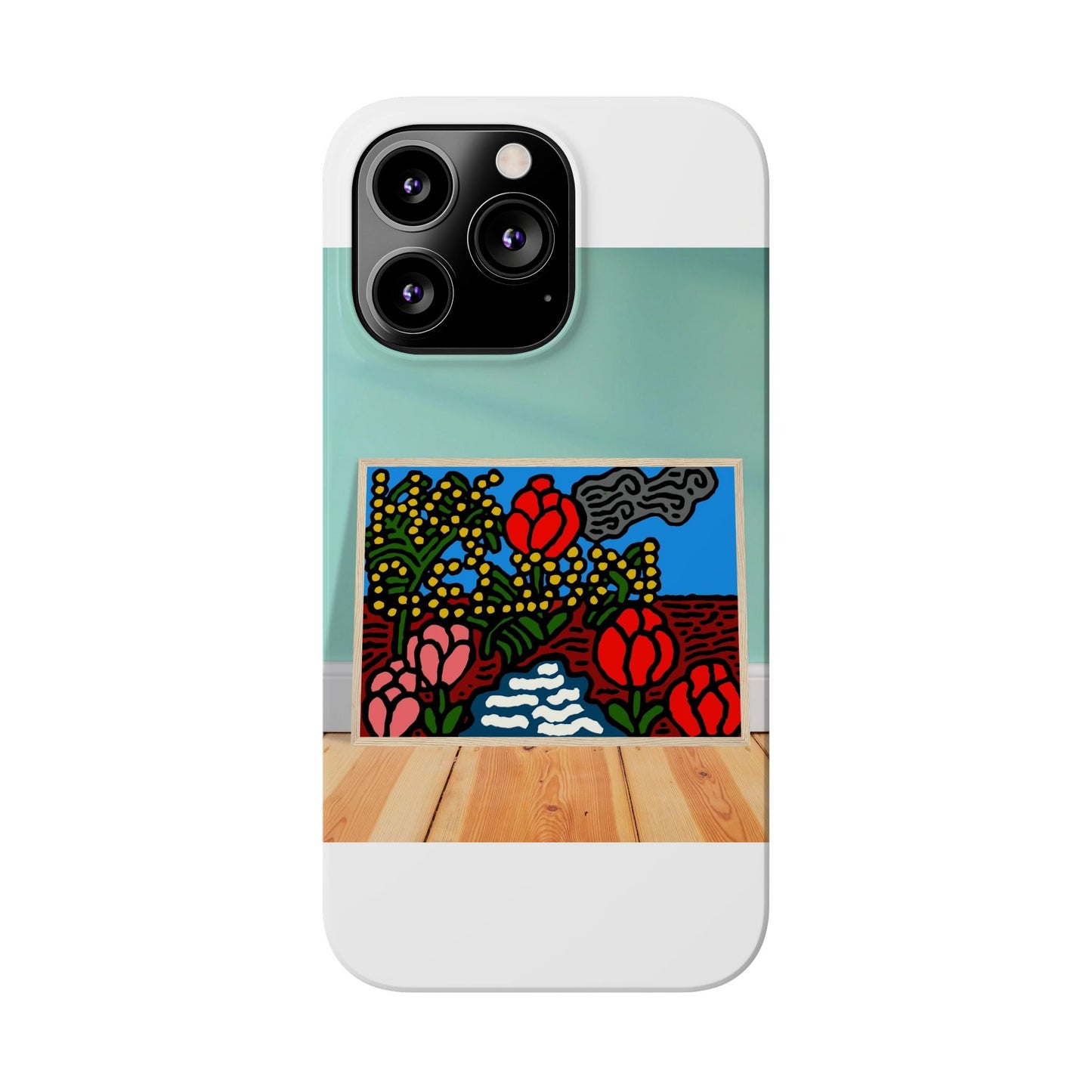 A field of tulips next to a wattle Slim Phone Case
