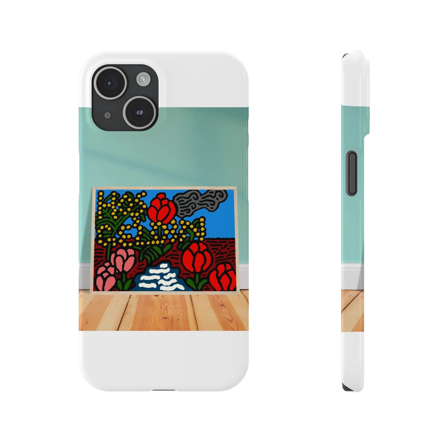 A field of tulips next to a wattle Slim Phone Case