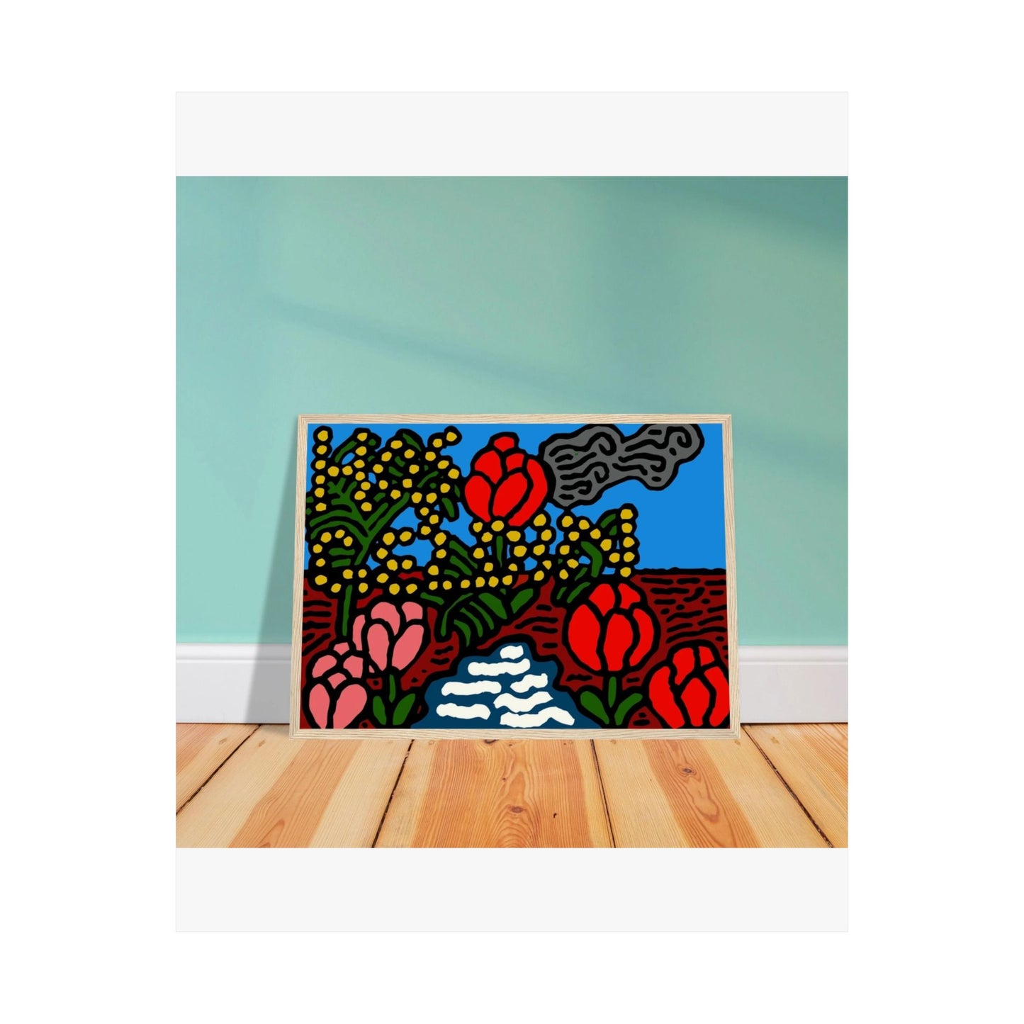 A field of tulips next to a wattle Matte Poster Vertical (Small)