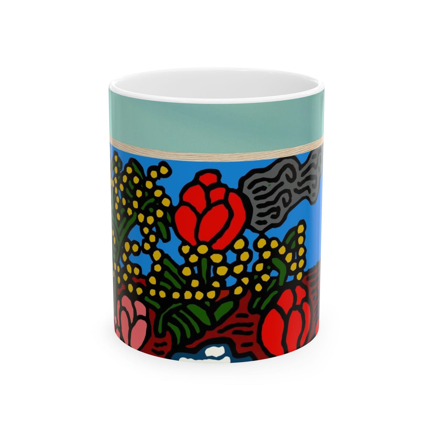 A field of tulips next to a wattle Ceramic Mug