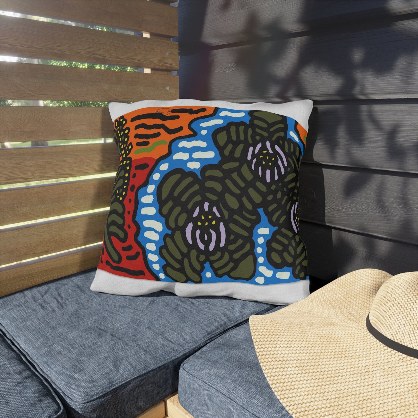 The Sri Lankan Water Lilies Meets The Australian Wattle — Outdoor Pillow