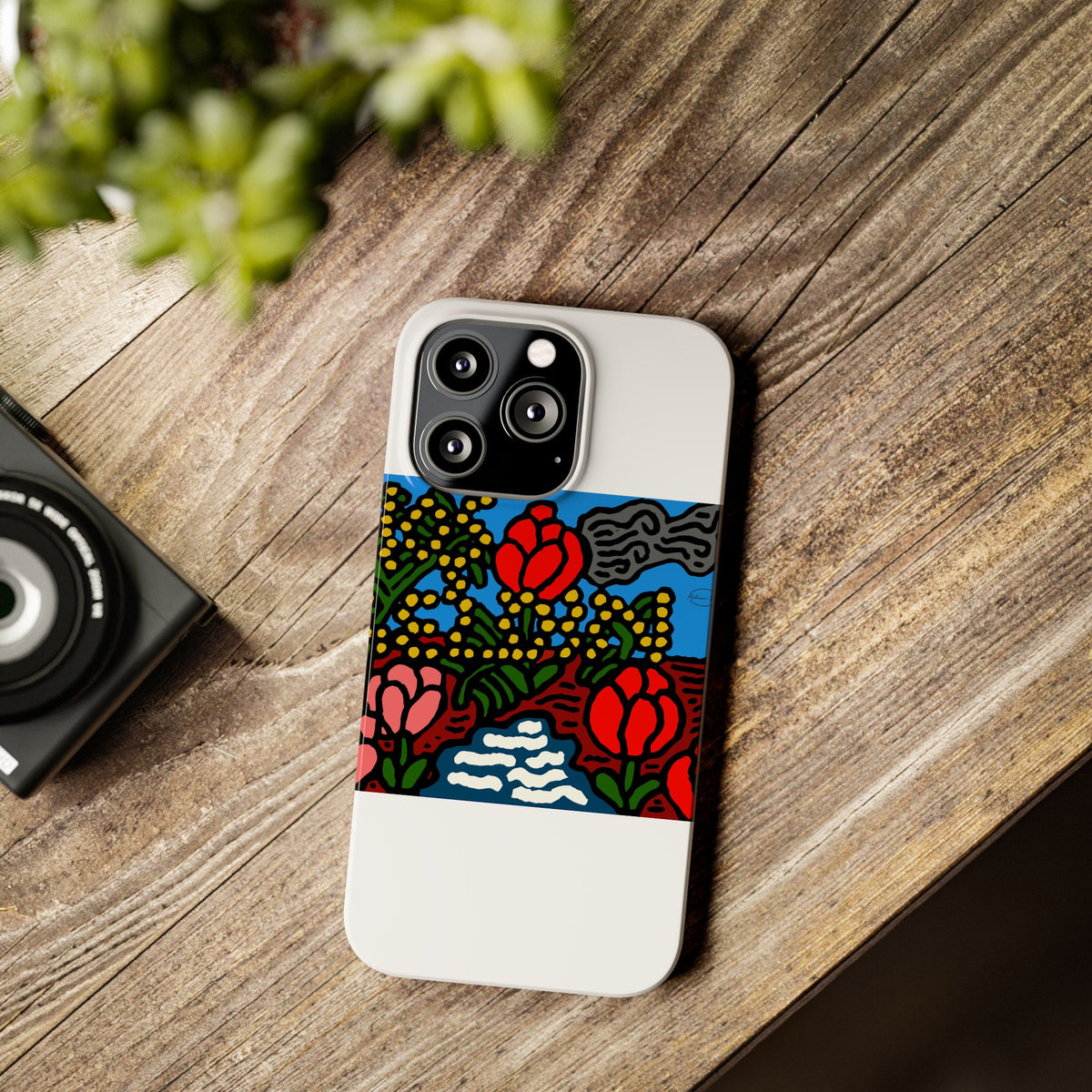 A field of tulips next to a wattle Slim Phone Case