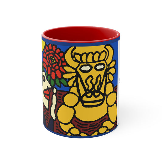 Colorful Accent Mug — Vibrant Folk Art Bull & Floral 11oz Coffee Cup - The warrior hailing the mighty golden dragon
