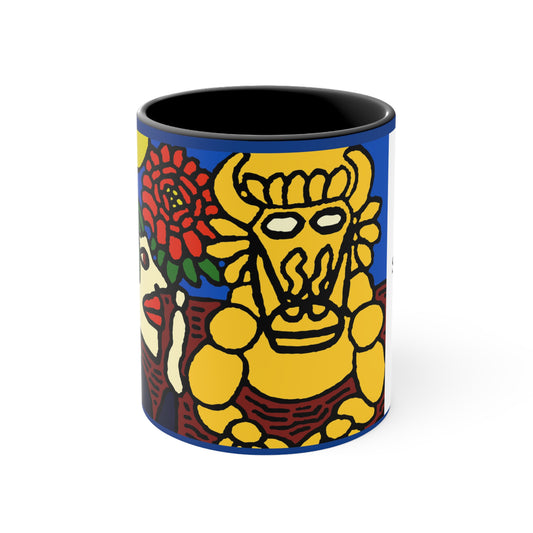 Colorful Accent Mug — Vibrant Folk Art Bull & Floral 11oz Coffee Cup - The warrior hailing the mighty golden dragon