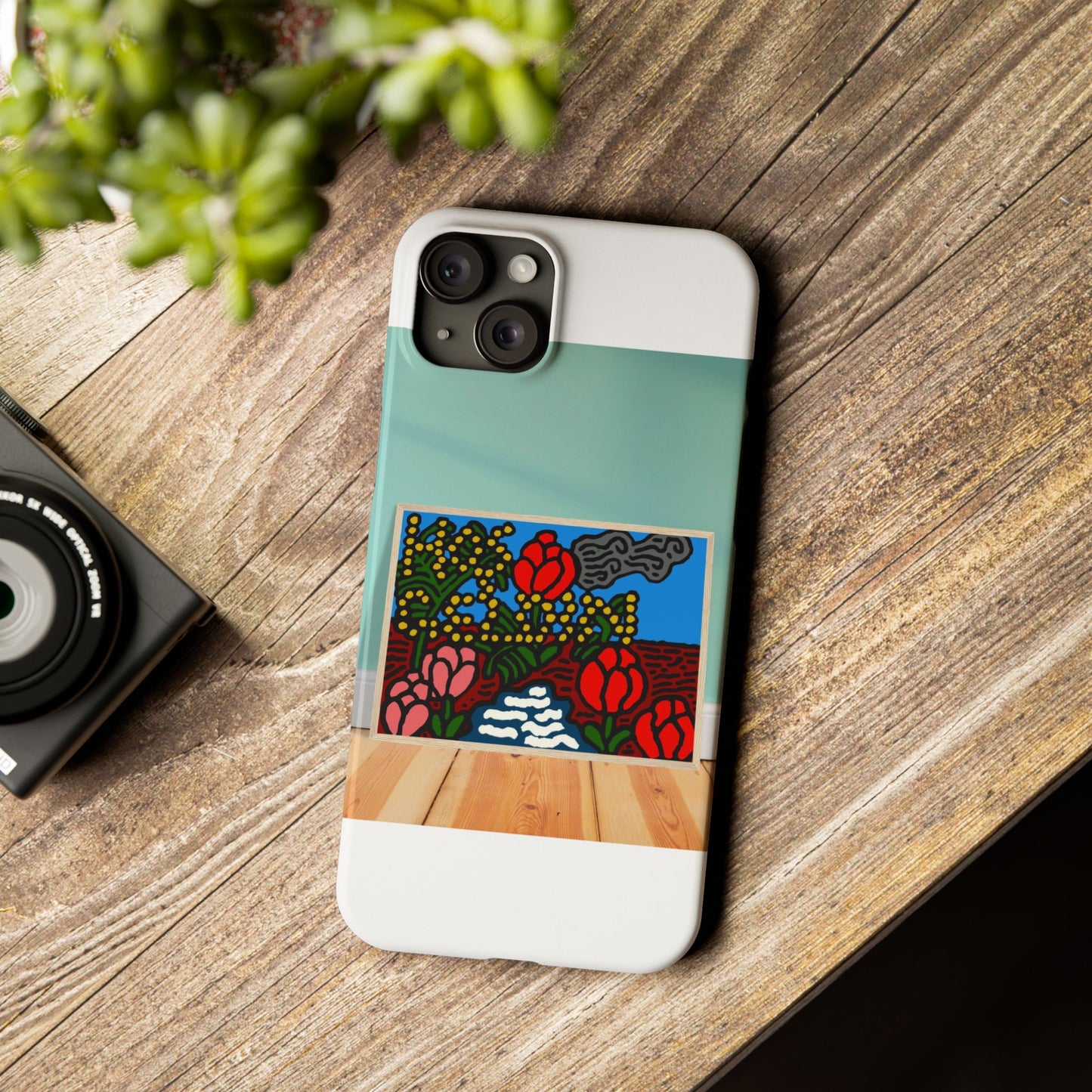 A field of tulips next to a wattle Slim Phone Case