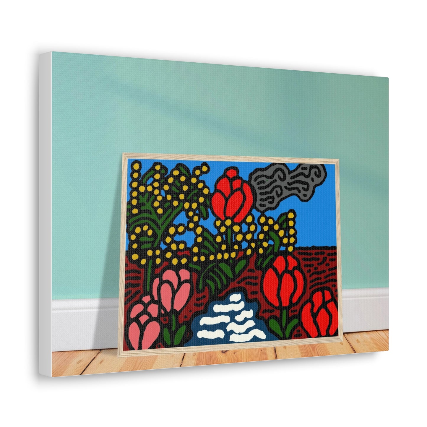 A field of tulips next to a wattle Canvas (Small)