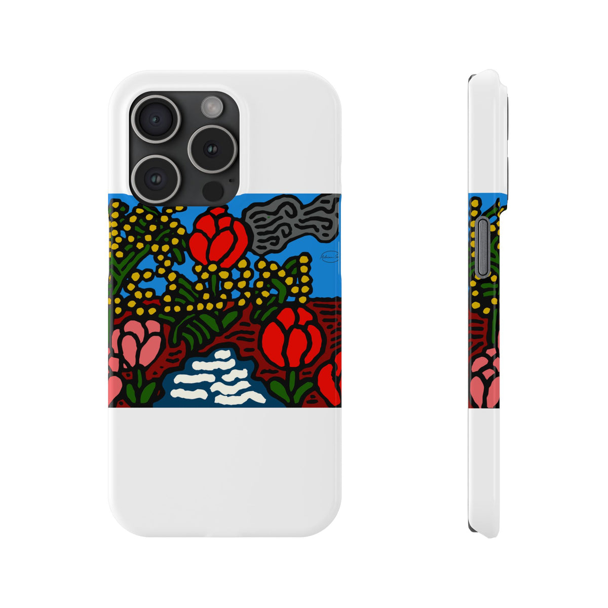 A field of tulips next to a wattle Slim Phone Case