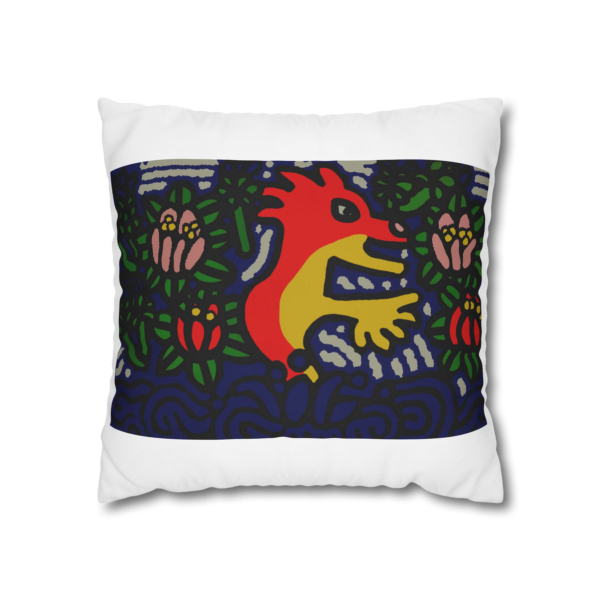 Colorful Folk Art Fox Throw Pillowcase — Square Poly Canvas Decorative Pillow Cover - Breaking through the surface of a lotus pond.