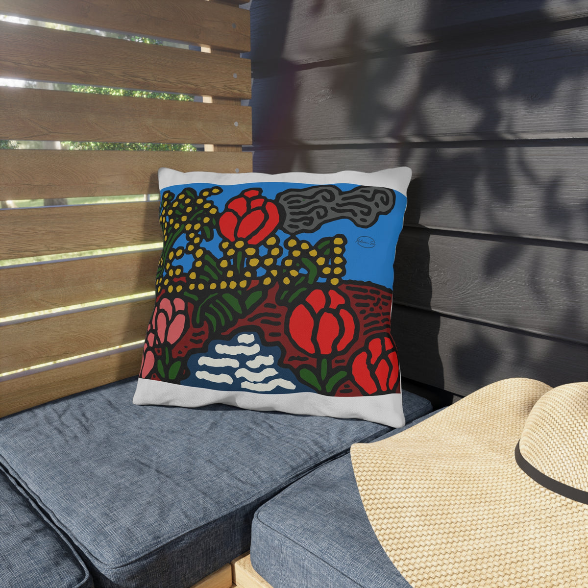 A field of tulips next to a wattle — Outdoor Pillow