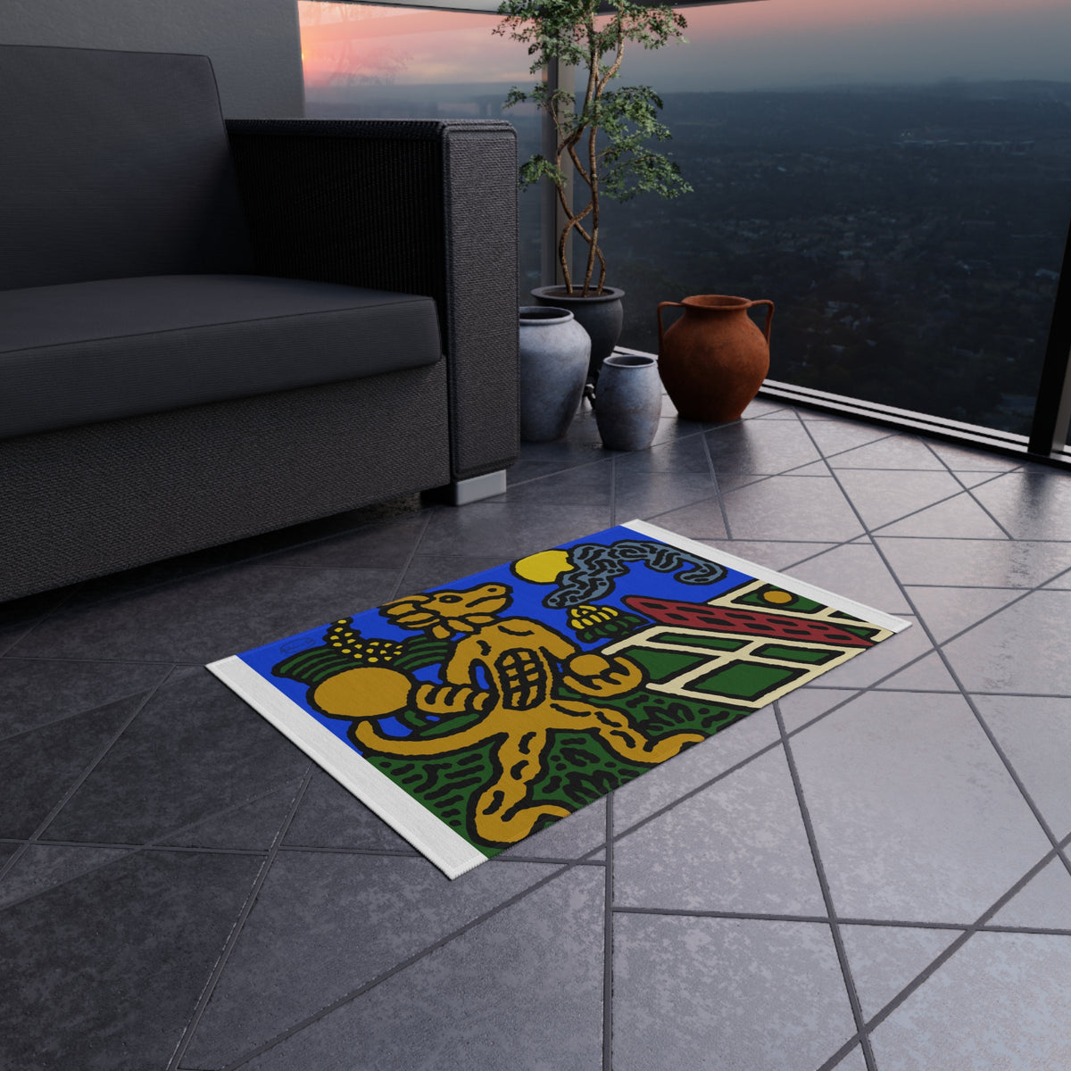 Blue Fiesta Outdoor Rug — Colorful Aztec Dog Design Doormat - Ready for making big serves in life
