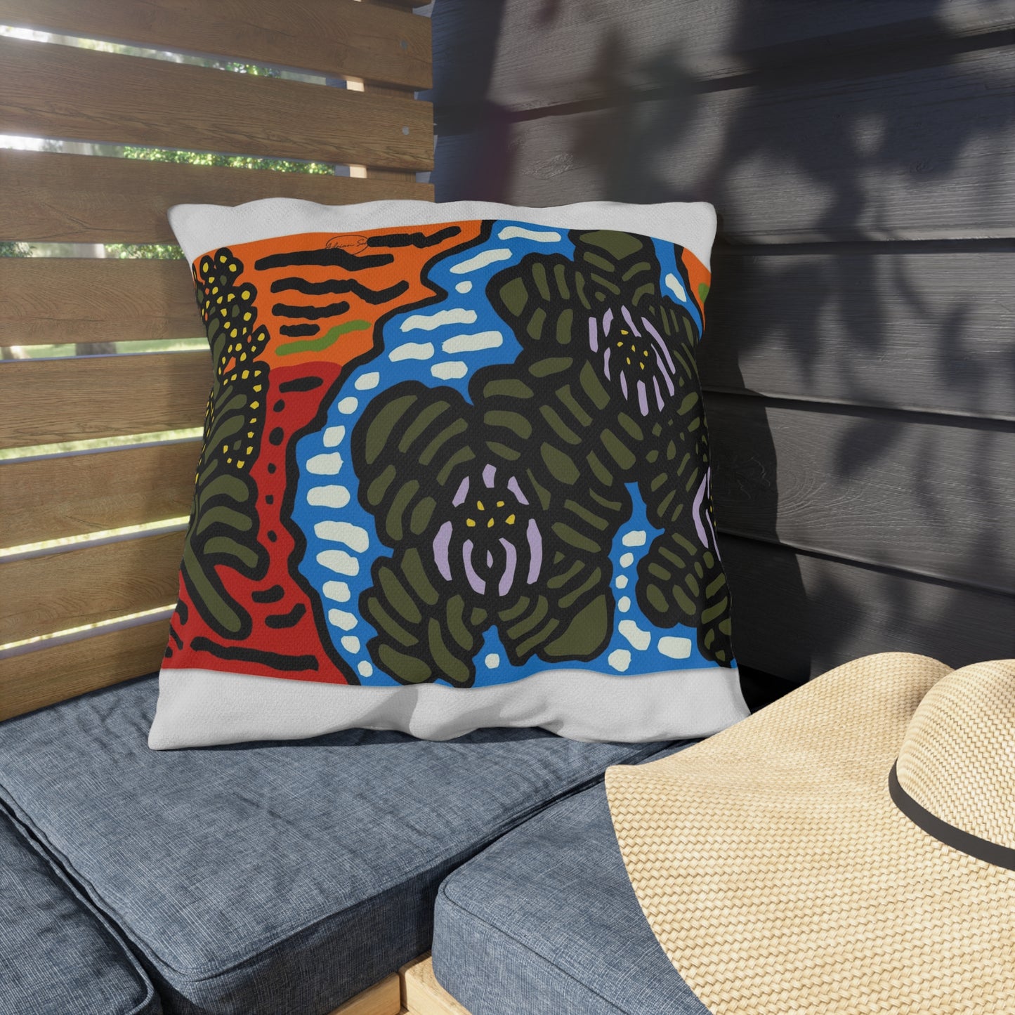 The Sri Lankan Water Lilies Meets The Australian Wattle — Outdoor Pillow