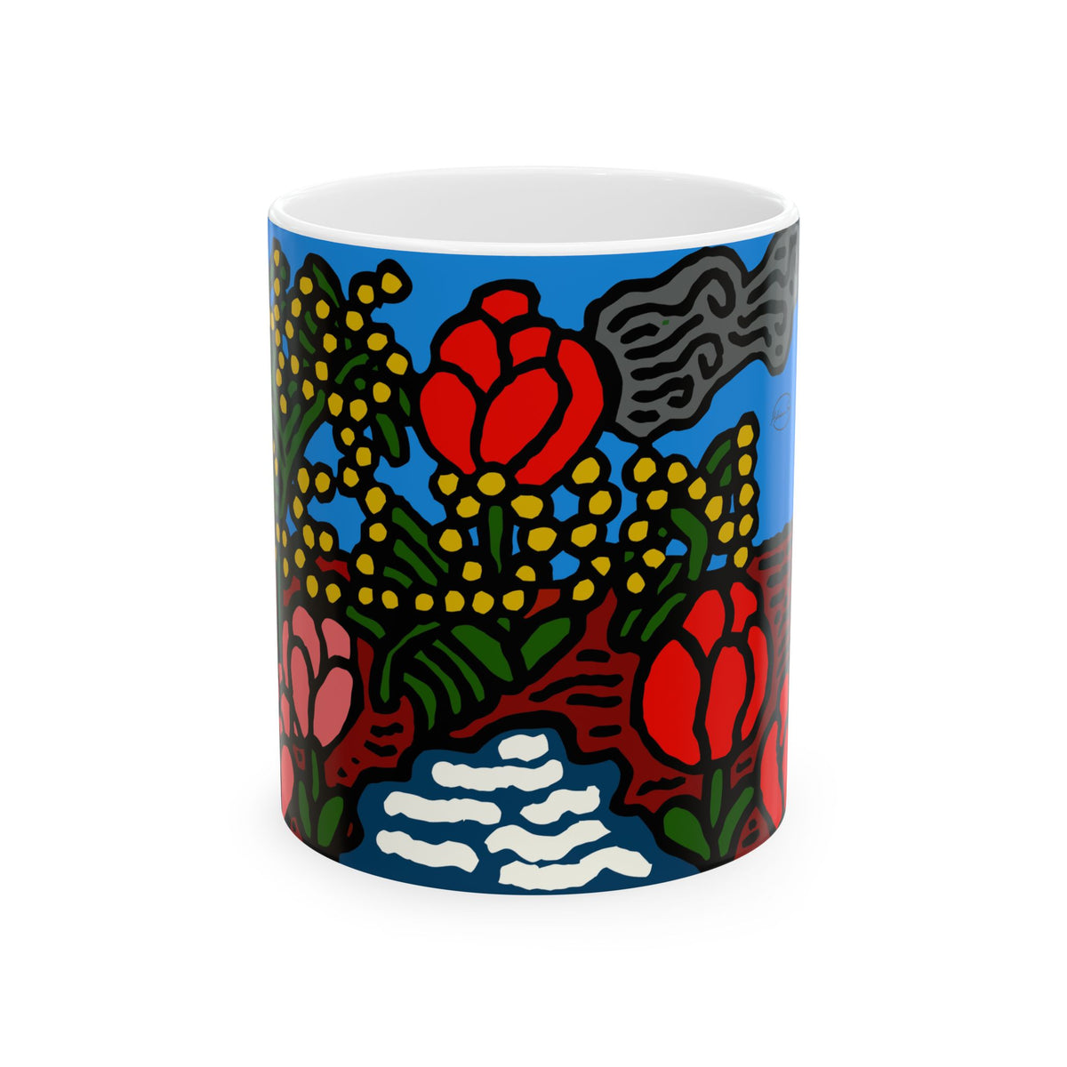A field of tulips next to a wattle Ceramic Mug