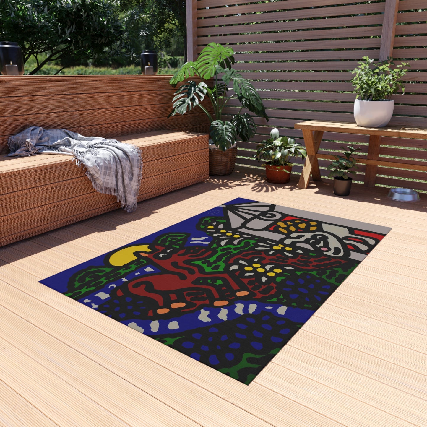 Bunny welcoming a friendly horse on his journey — Outdoor Rug