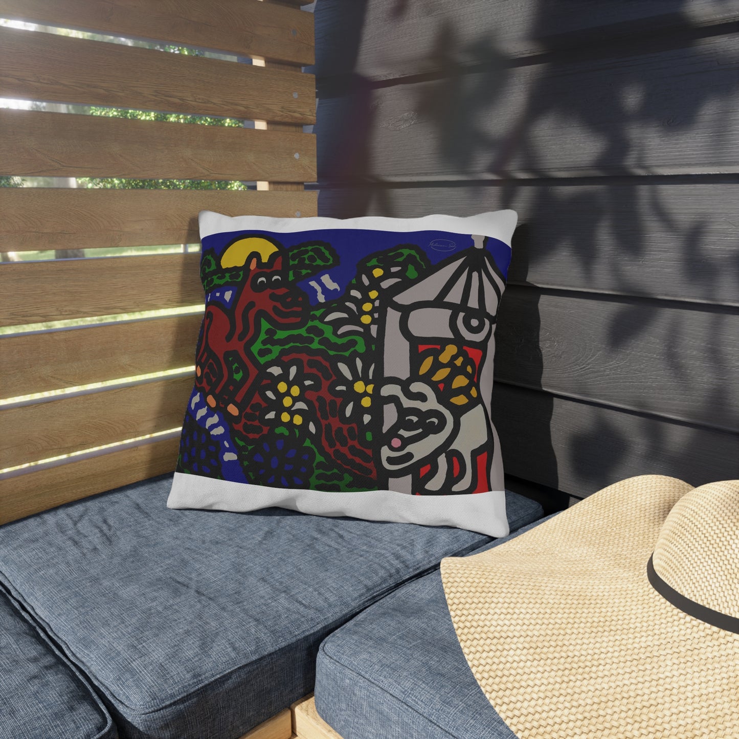Bunny welcoming a friendly horse on his journey — Outdoor Pillow