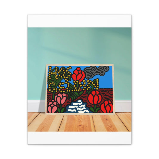 A field of tulips next to a wattle Canvas (Large)