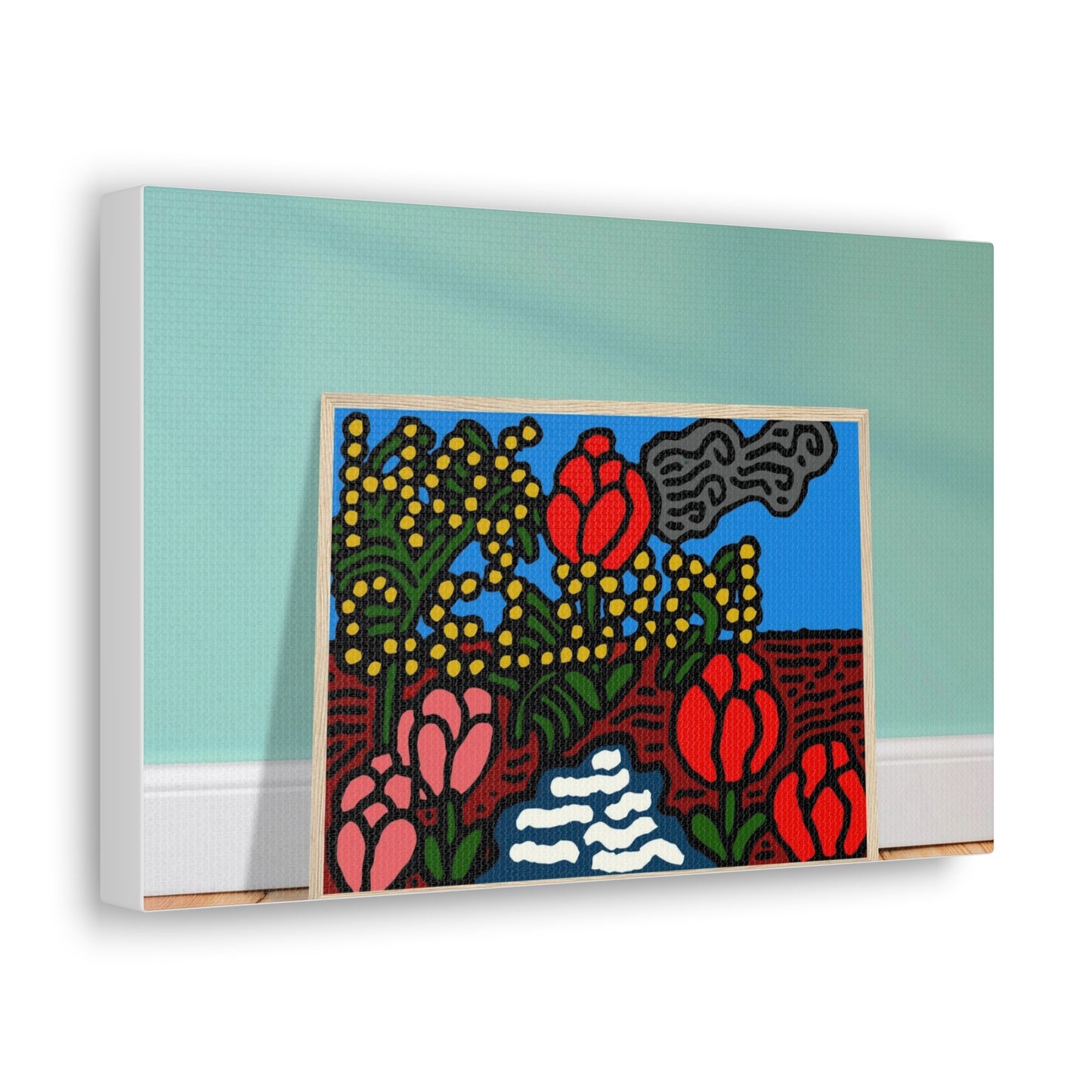 A field of tulips next to a wattle Canvas (Small)