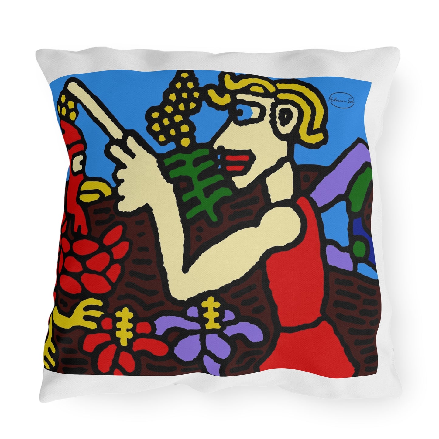The hen gaining a blessing from a fairy — Outdoor Pillow