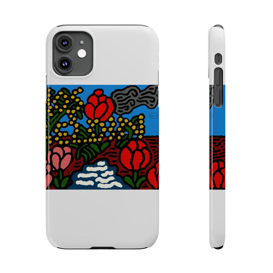 A field of tulips next to a wattle Slim Phone Case