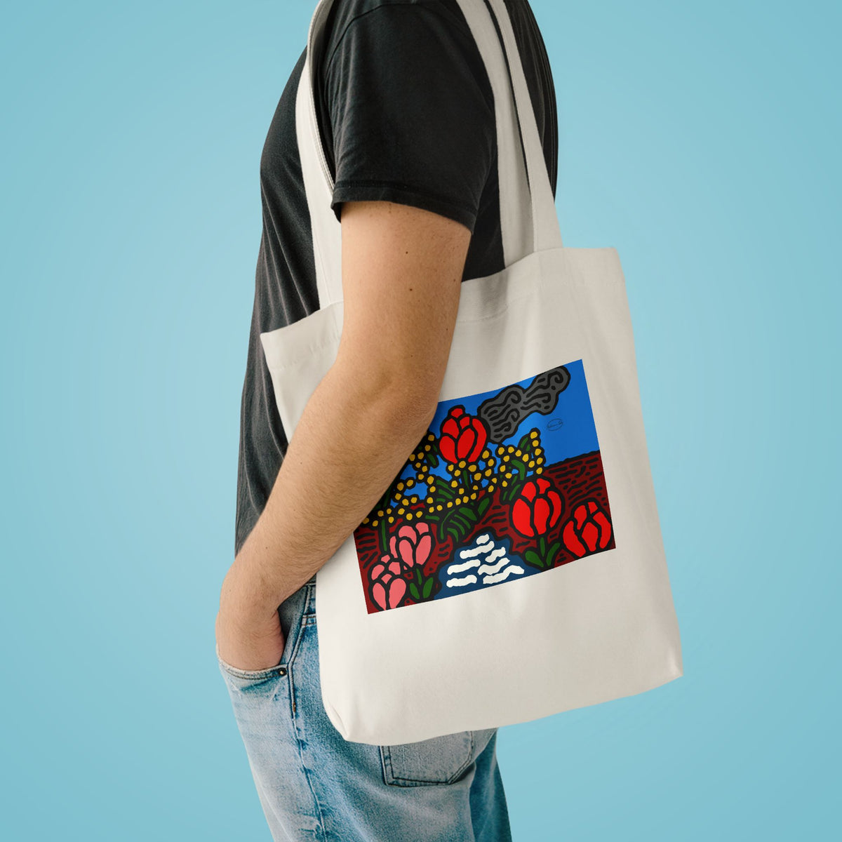 A field of tulips next to a wattle Classic Tote Bag