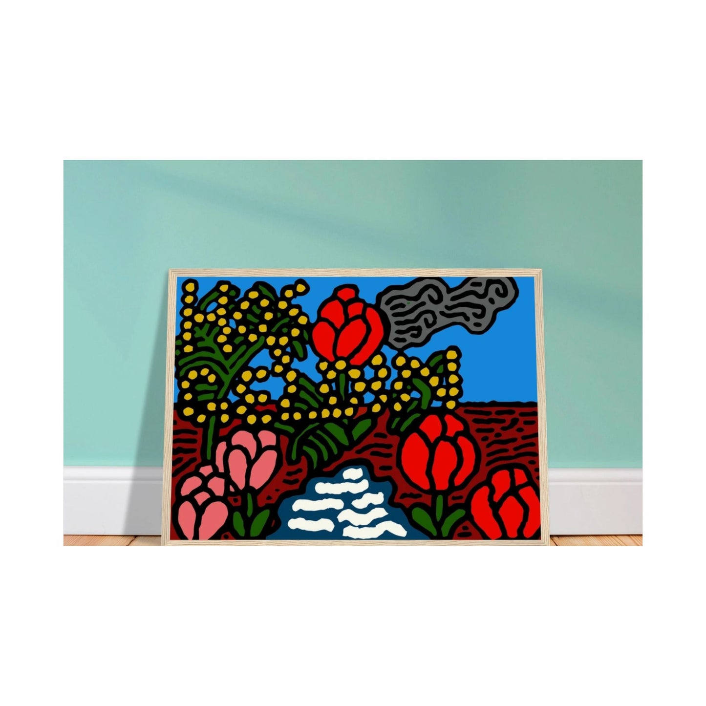 A field of tulips next to a wattle Matte Poster Horizontal (Large)