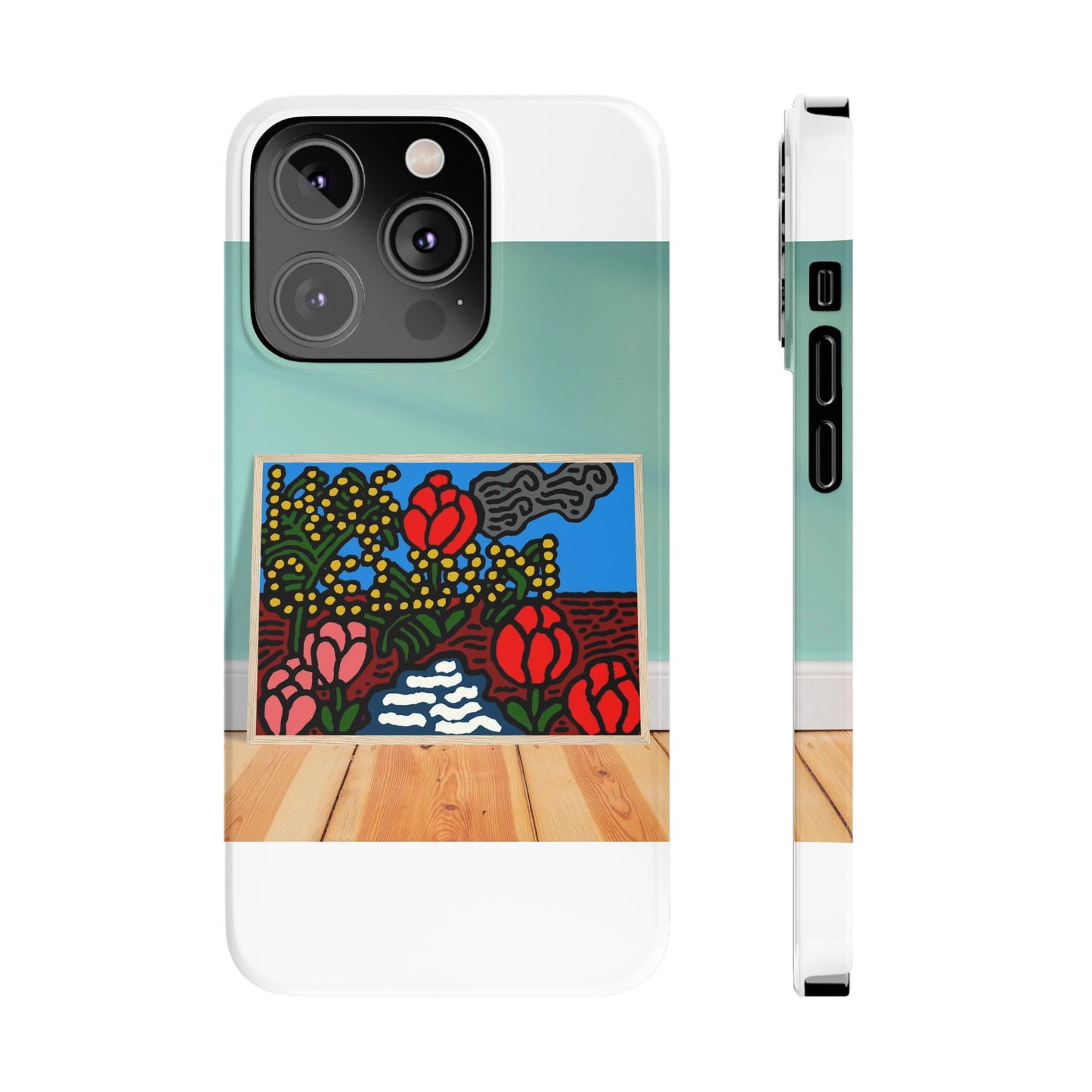 A field of tulips next to a wattle Slim Phone Case