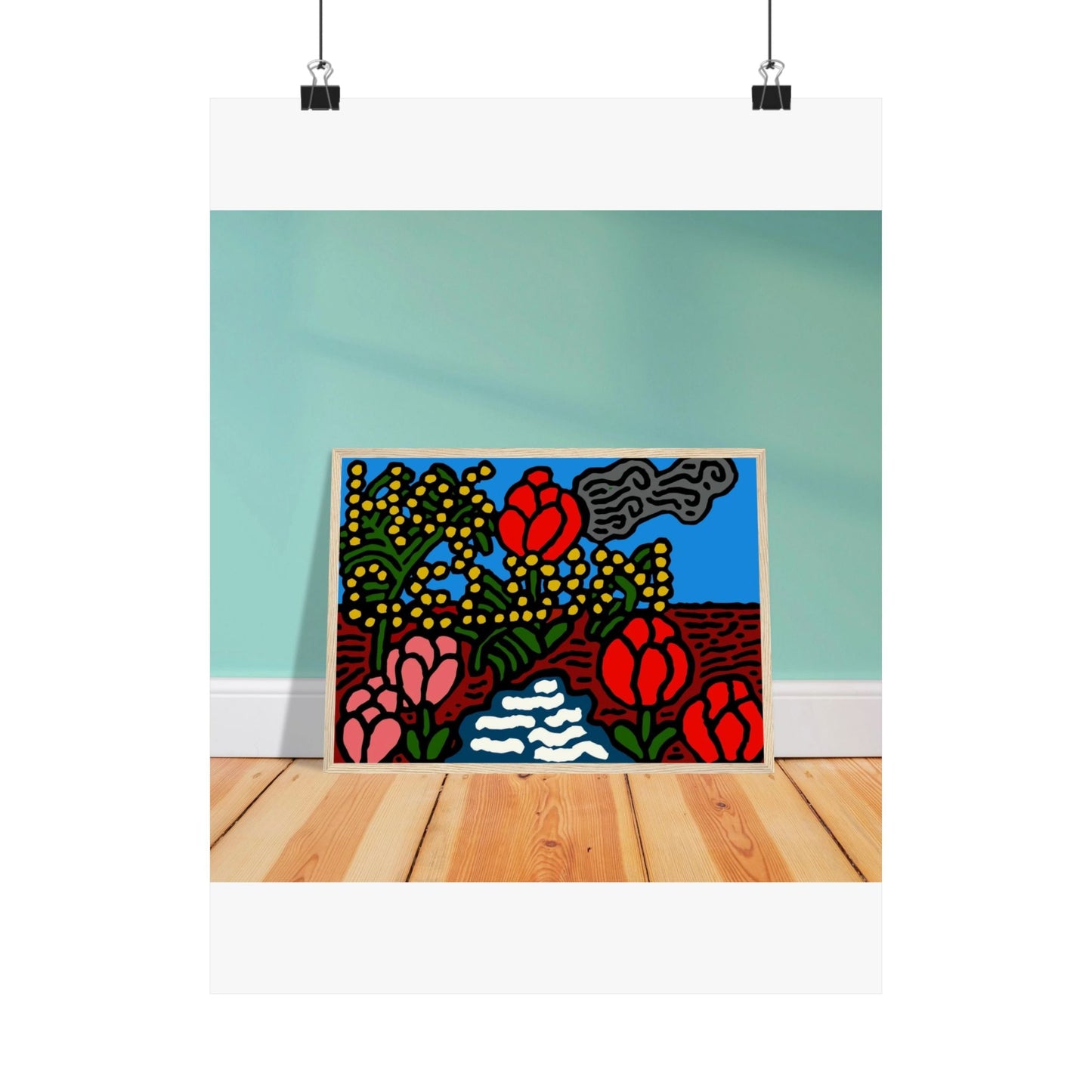 A field of tulips next to a wattle Matte Poster Vertical (Small)