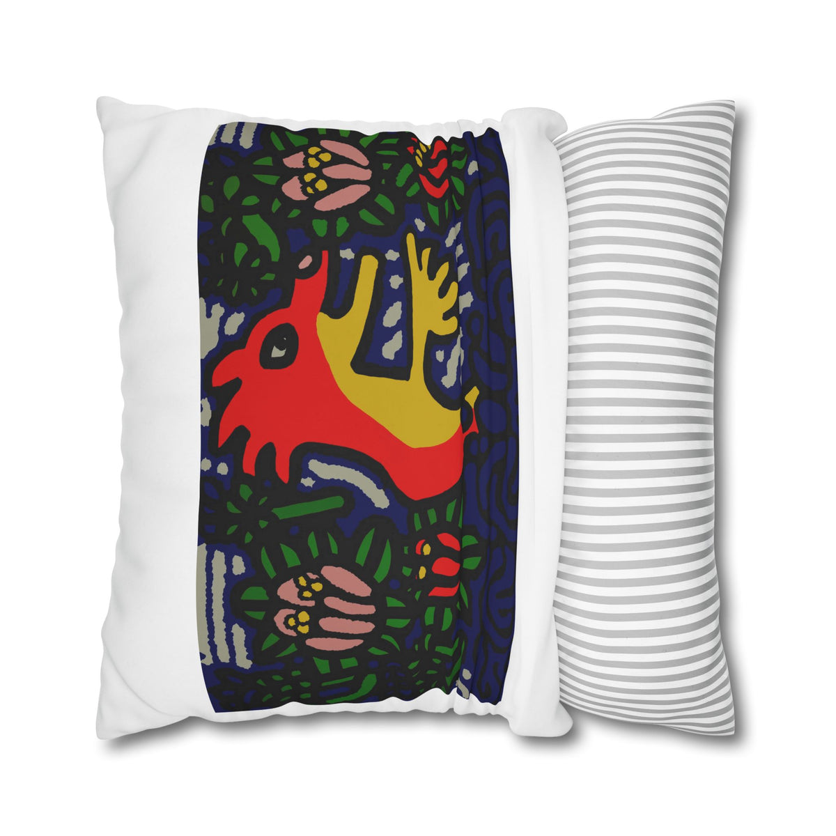Colorful Folk Art Fox Throw Pillowcase — Square Poly Canvas Decorative Pillow Cover - Breaking through the surface of a lotus pond.