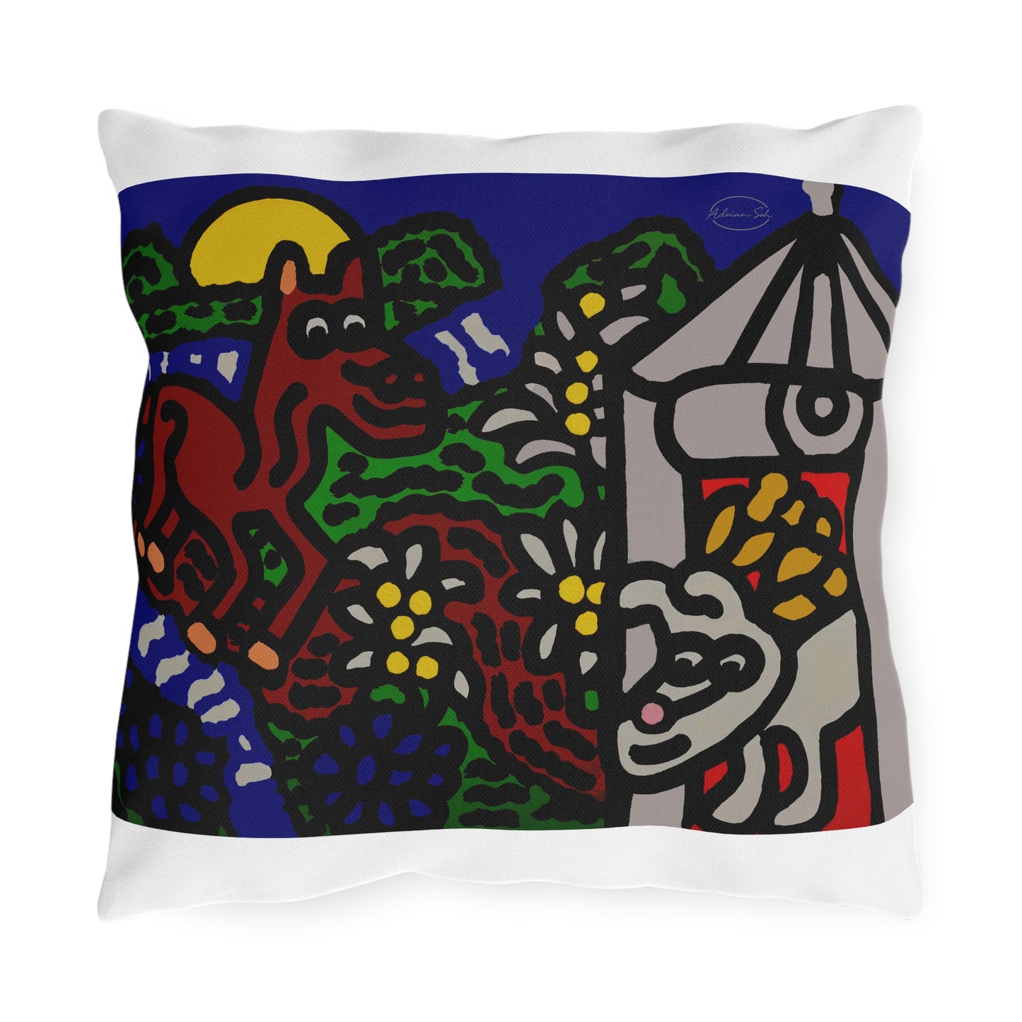 Bunny welcoming a friendly horse on his journey — Outdoor Pillow