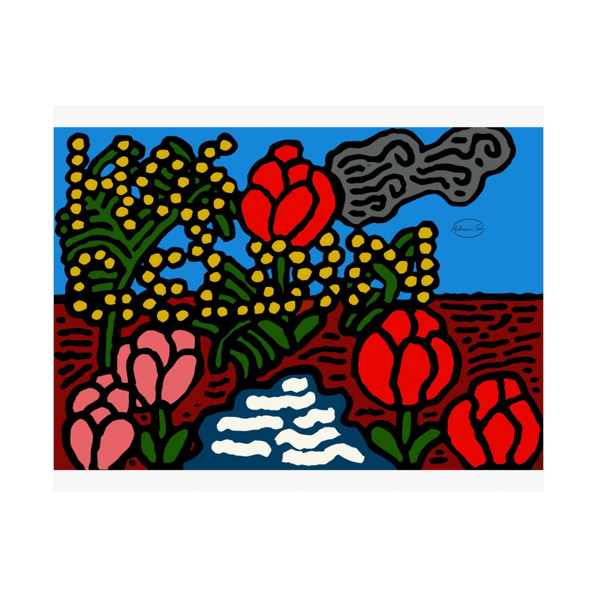 A field of tulips next to a wattle Matte Poster Horizontal (Small)