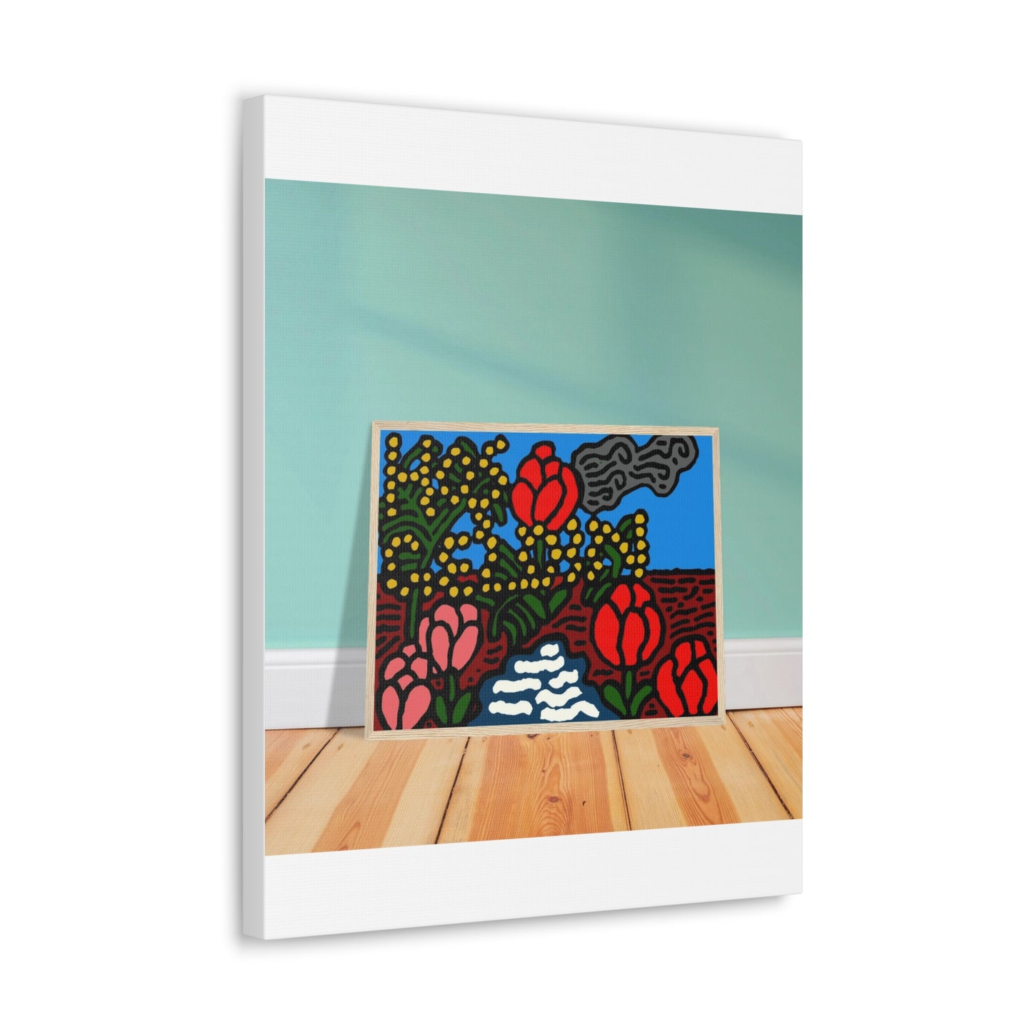 A field of tulips next to a wattle Canvas (Large)