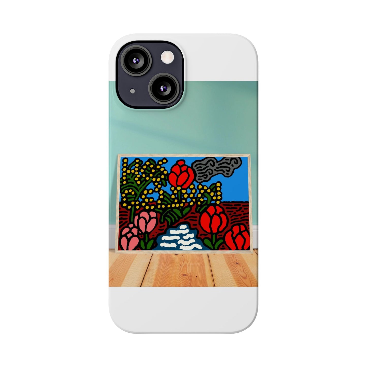 A field of tulips next to a wattle Slim Phone Case