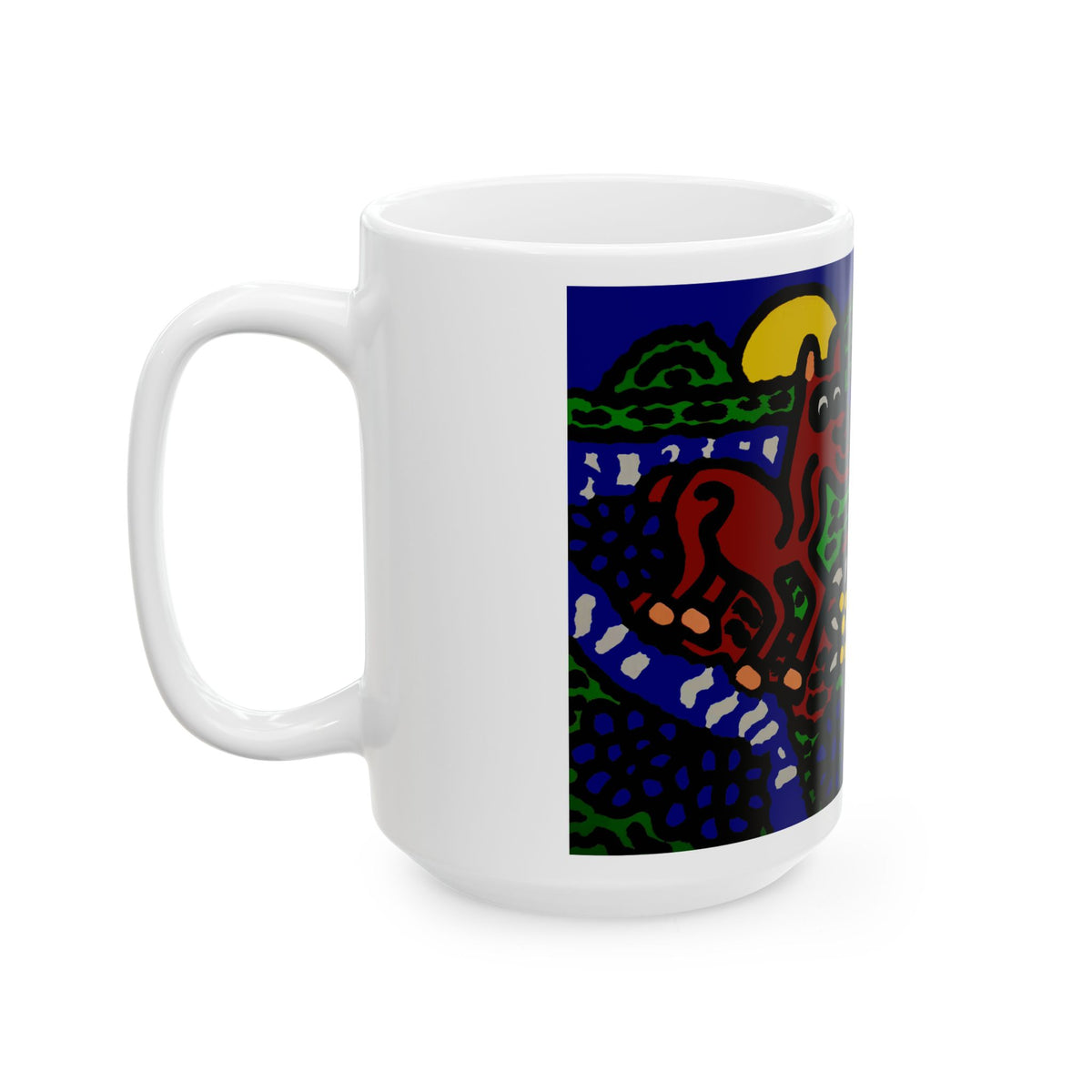 Bunny welcoming a friendly horse on his journey Ceramic Mug