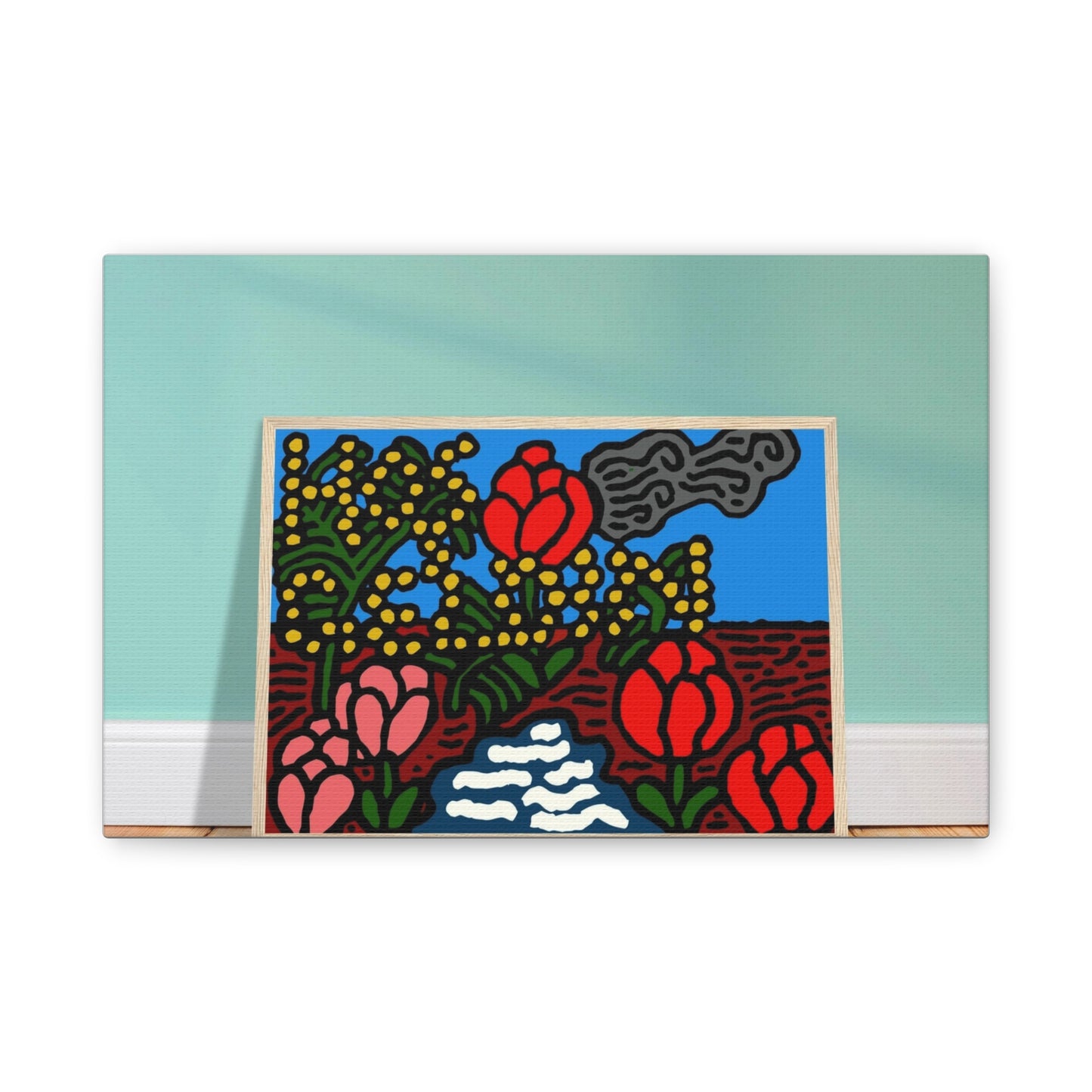 A field of tulips next to a wattle Canvas (Small)