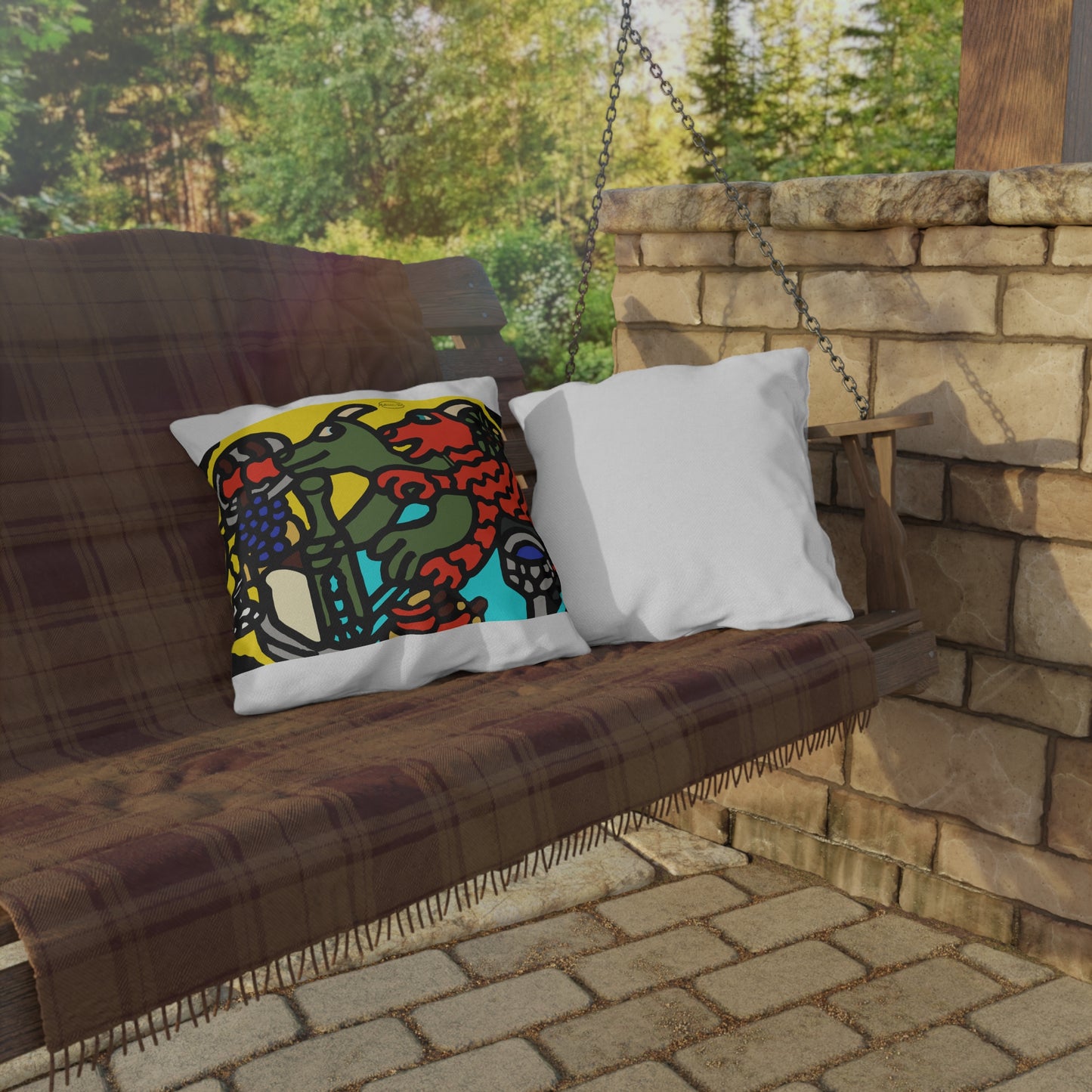 Two dragons enjoying a feast together — Outdoor Pillow