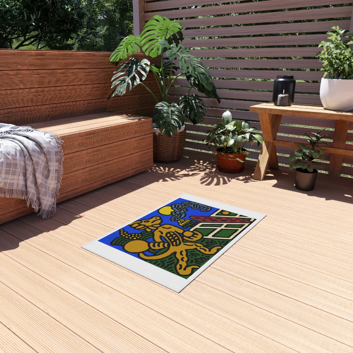 Blue Fiesta Outdoor Rug — Colorful Aztec Dog Design Doormat - Ready for making big serves in life