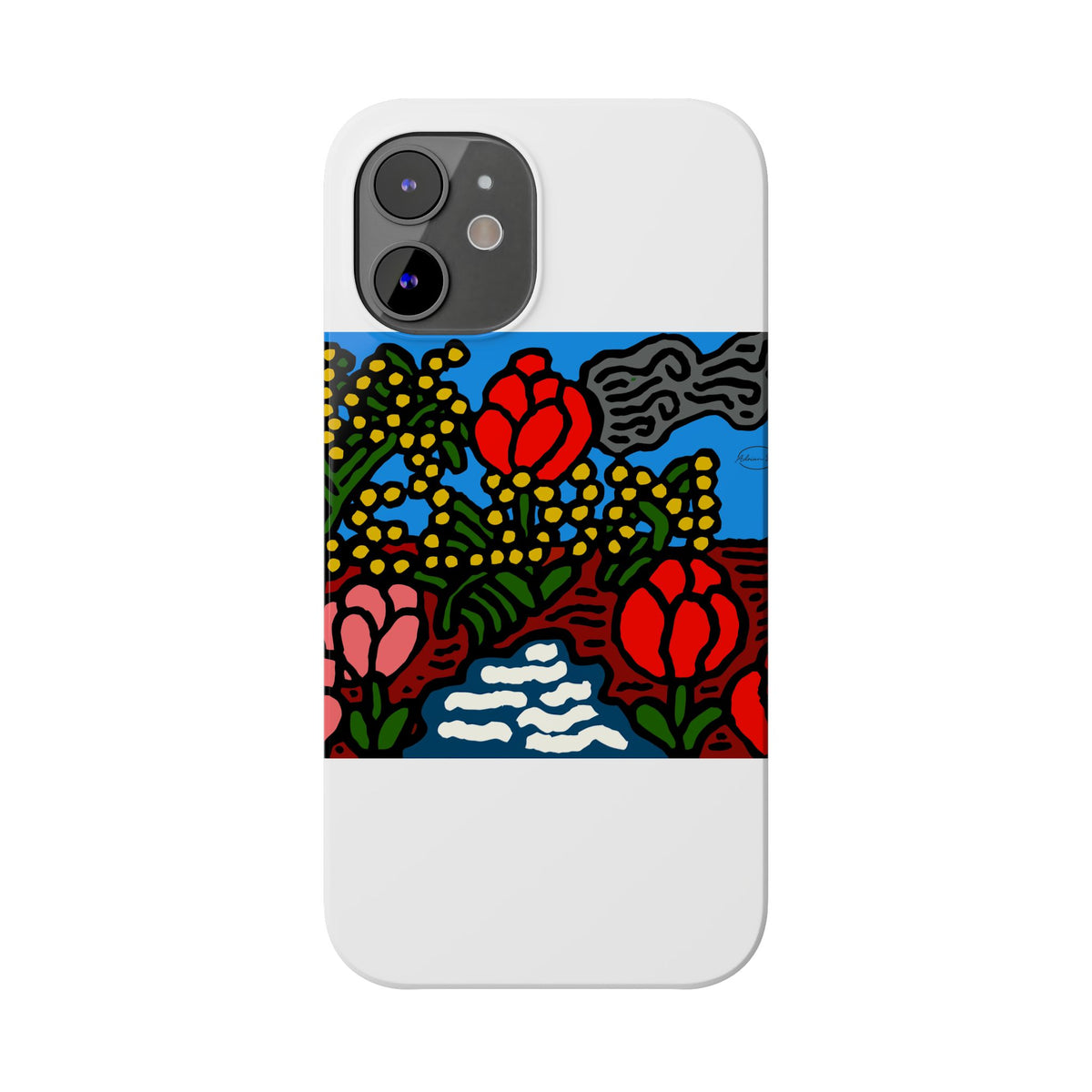 A field of tulips next to a wattle Slim Phone Case