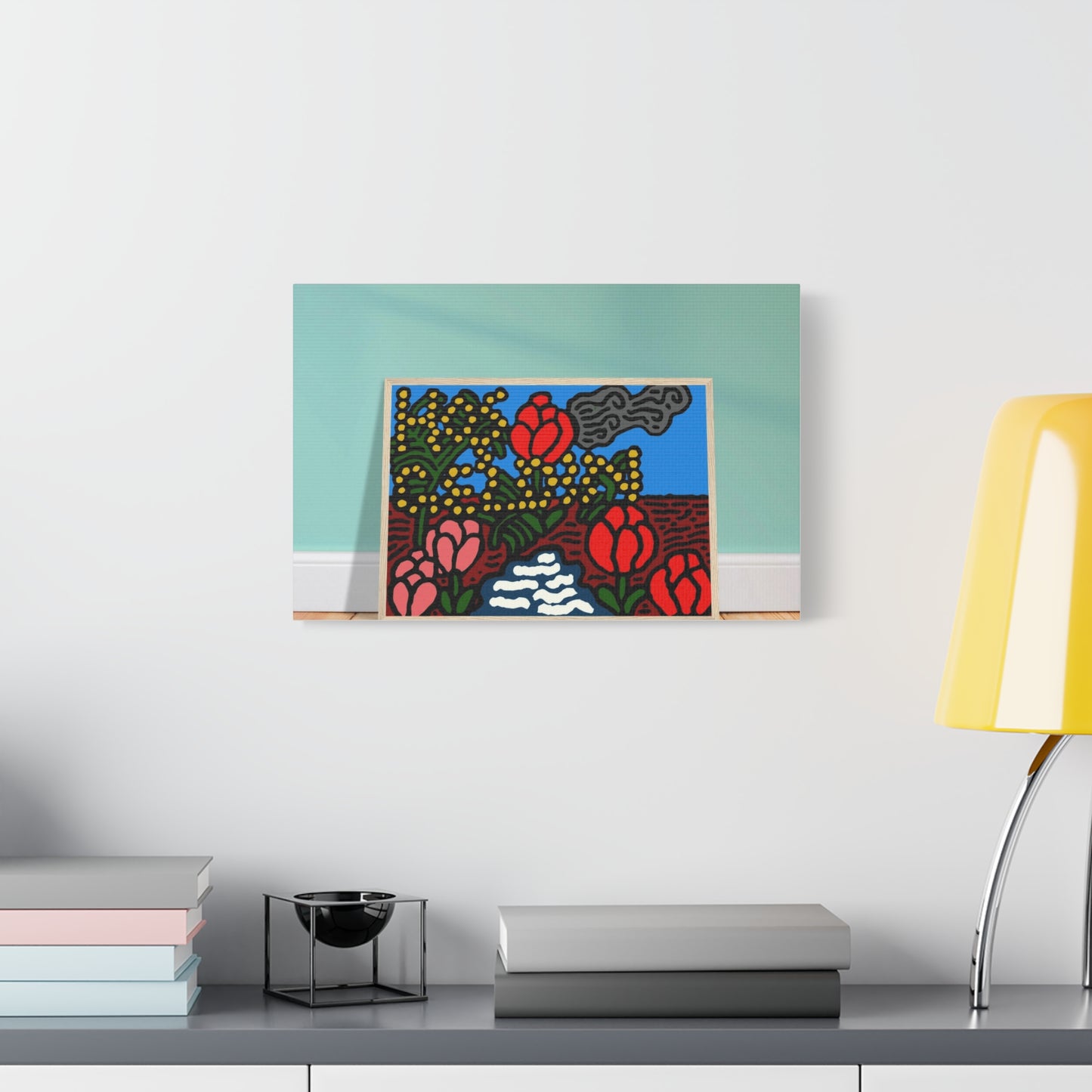 A field of tulips next to a wattle Canvas (Small)