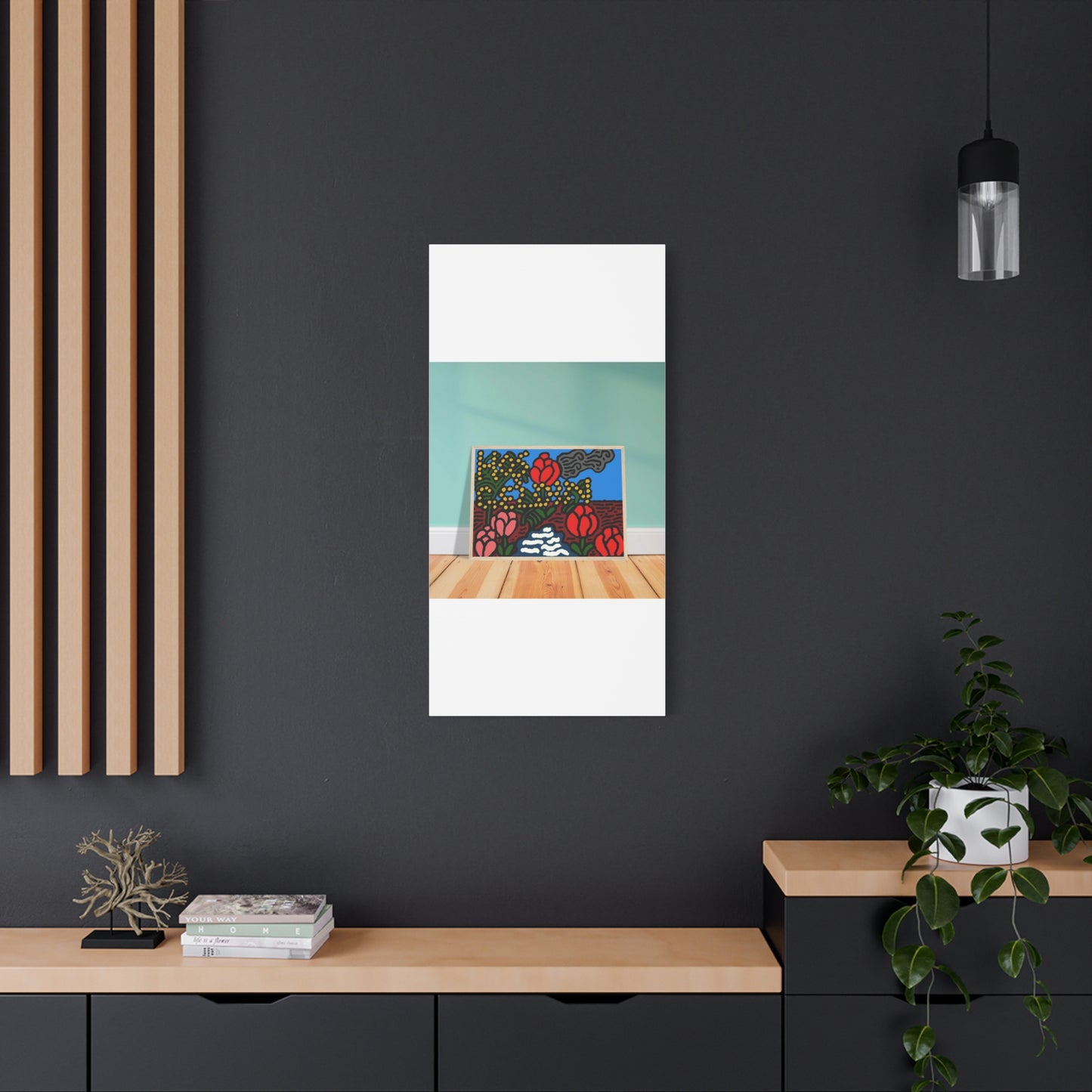 A field of tulips next to a wattle Canvas (Large)