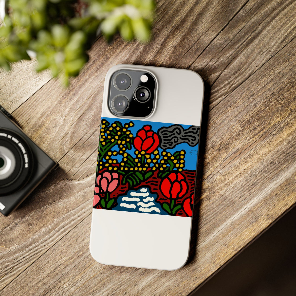 A field of tulips next to a wattle Slim Phone Case