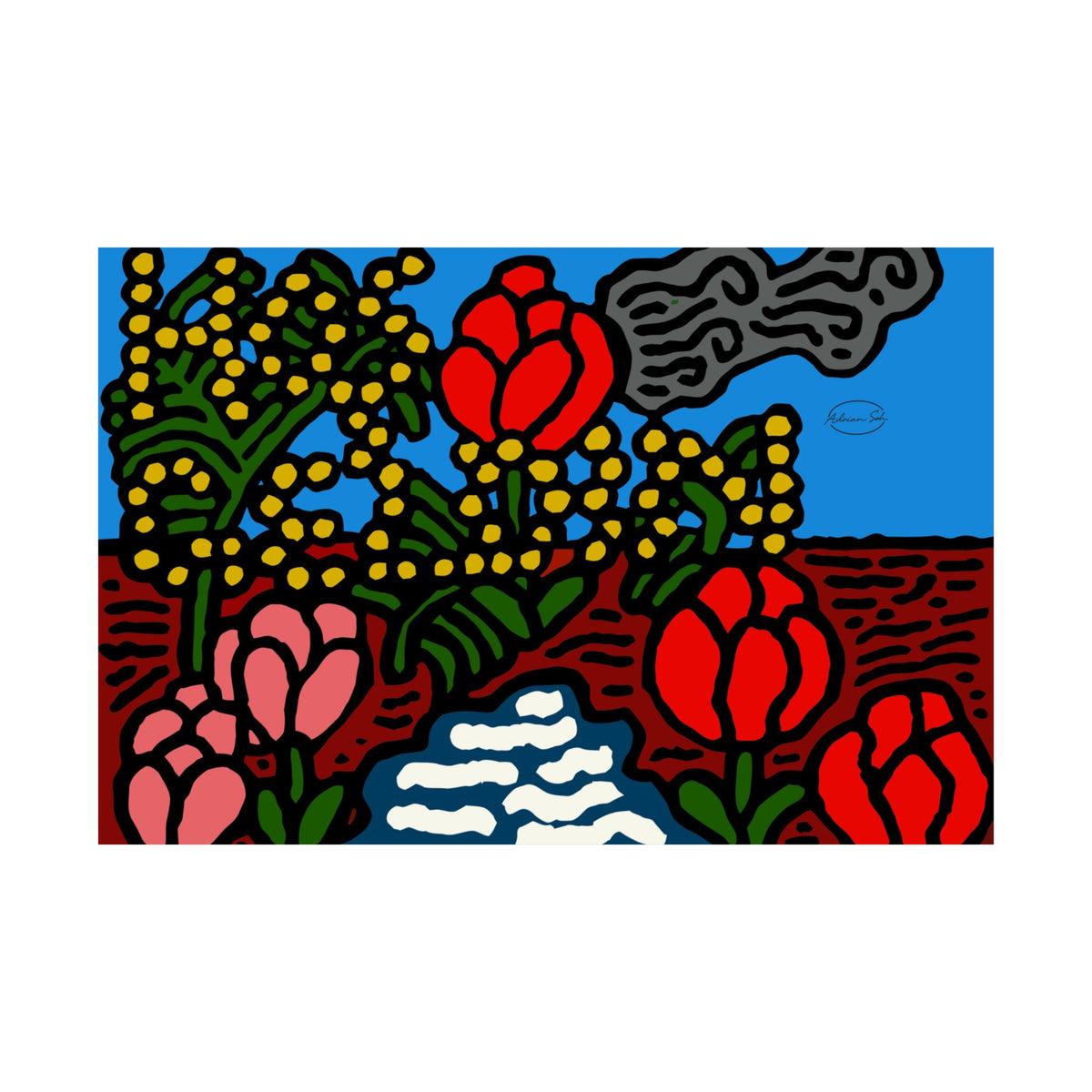 A field of tulips next to a wattle Matte Poster Horizontal (Large)