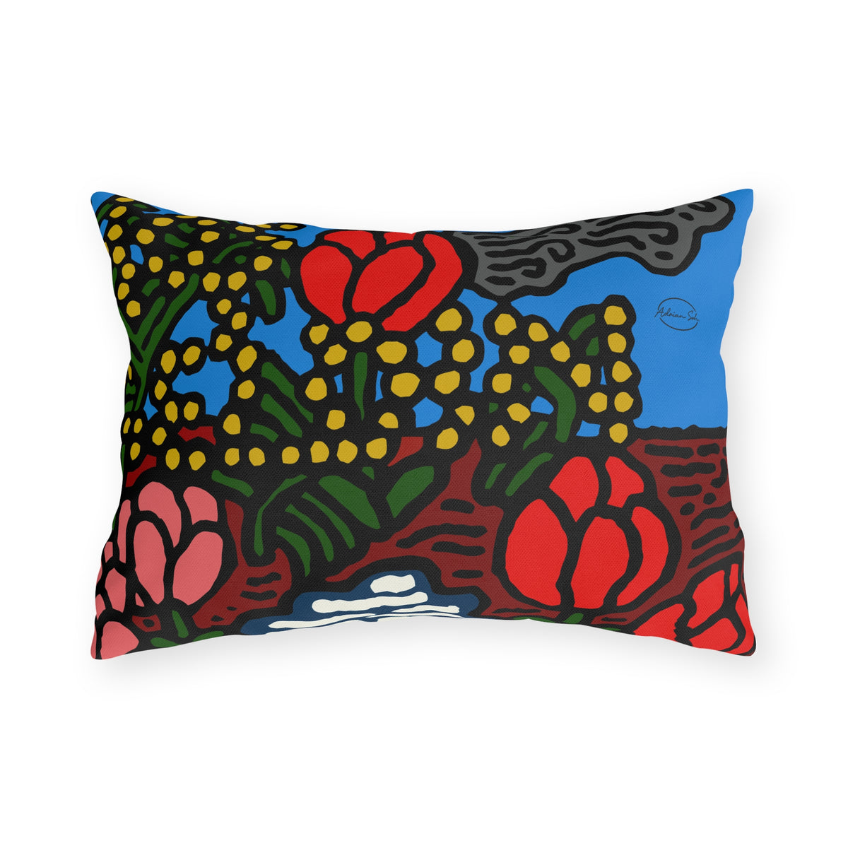 A field of tulips next to a wattle — Outdoor Pillow
