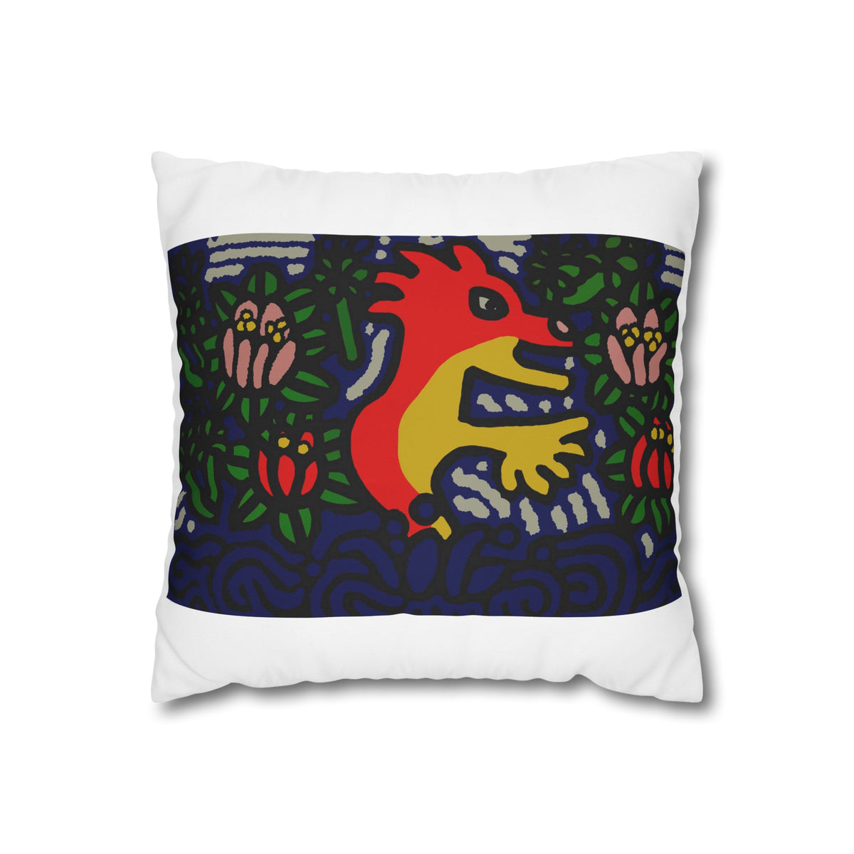 Colorful Folk Art Fox Throw Pillowcase — Square Poly Canvas Decorative Pillow Cover - Breaking through the surface of a lotus pond.