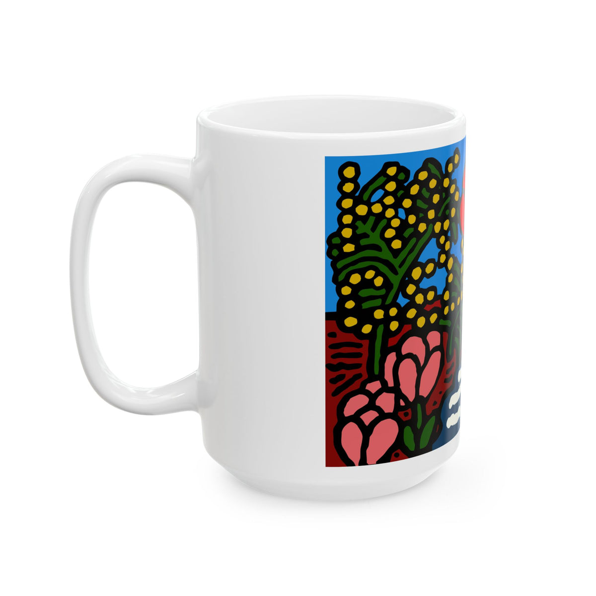A field of tulips next to a wattle Ceramic Mug