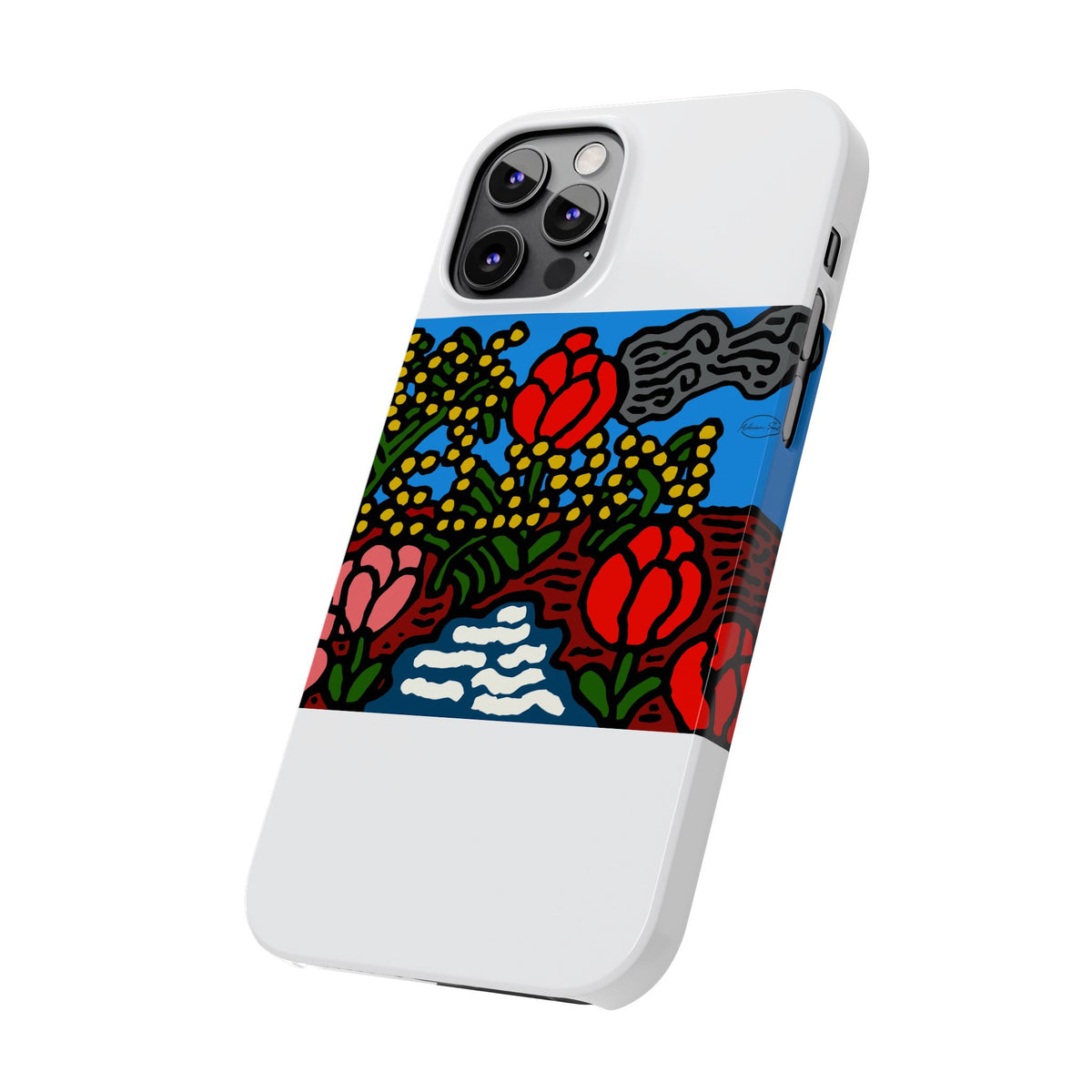 A field of tulips next to a wattle Slim Phone Case