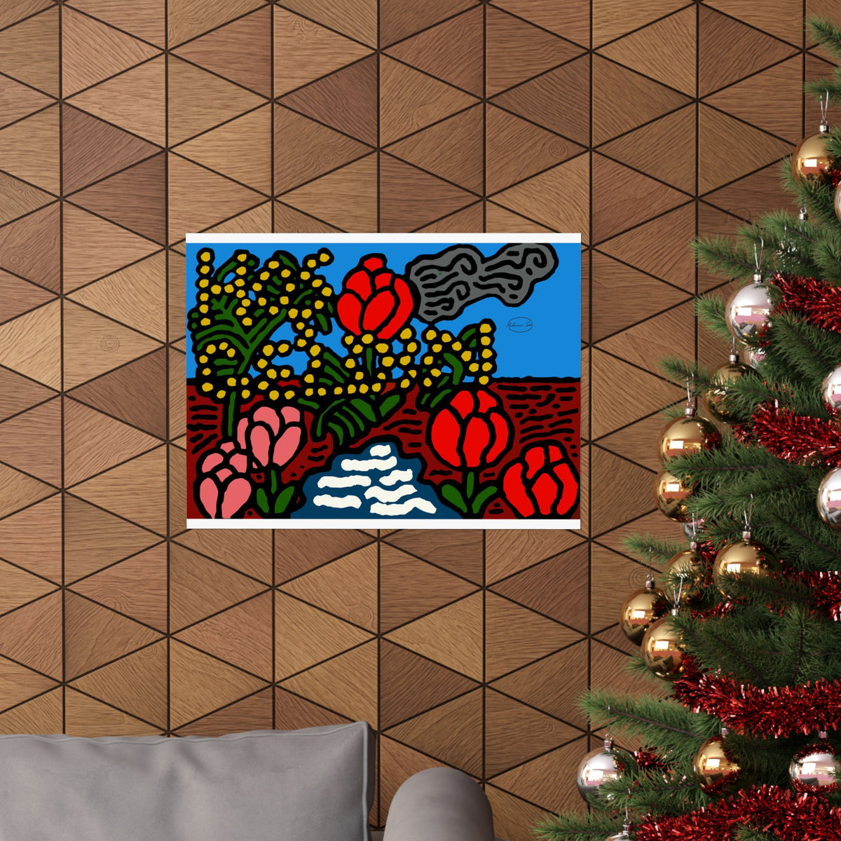 A field of tulips next to a wattle Matte Poster Horizontal (Large)