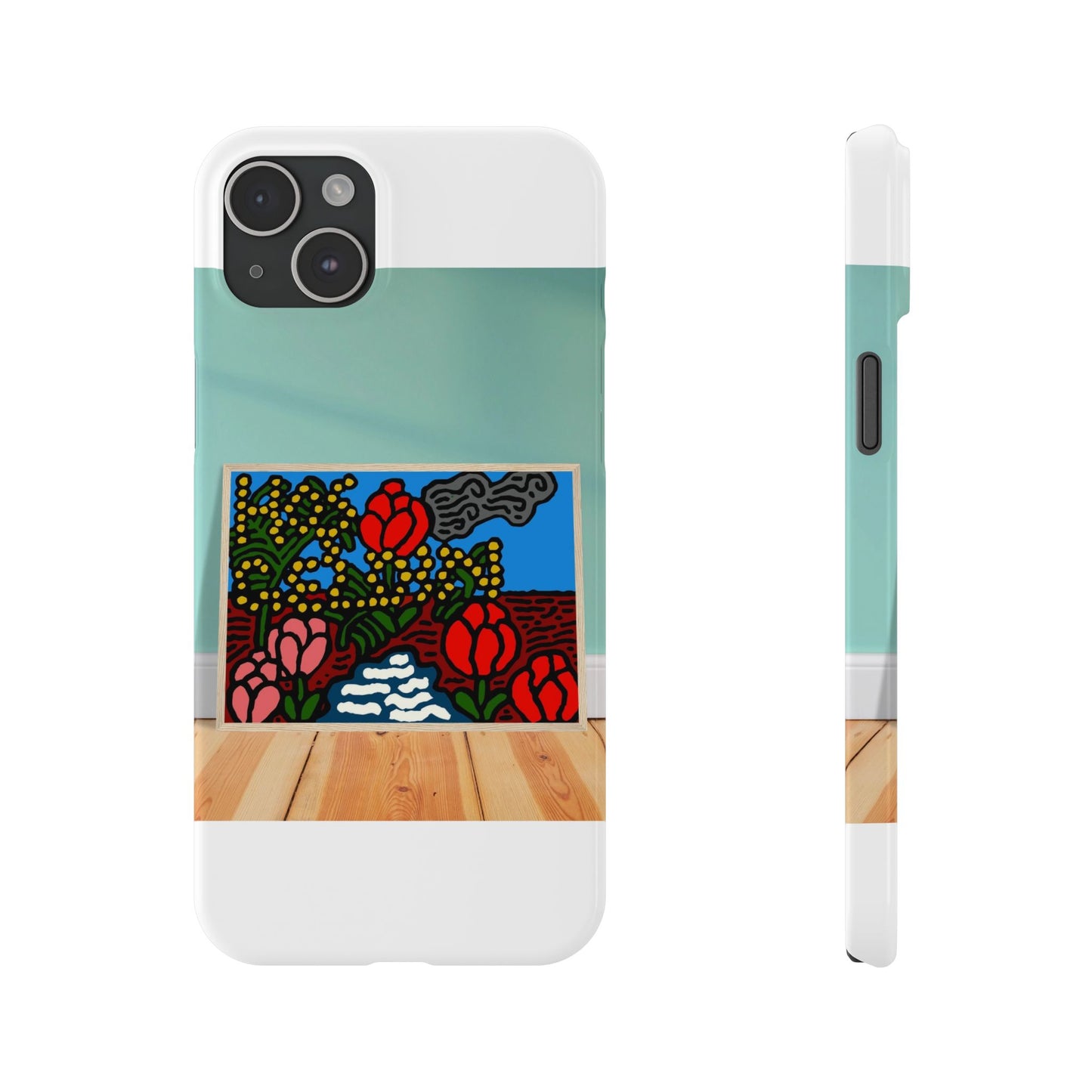 A field of tulips next to a wattle Slim Phone Case